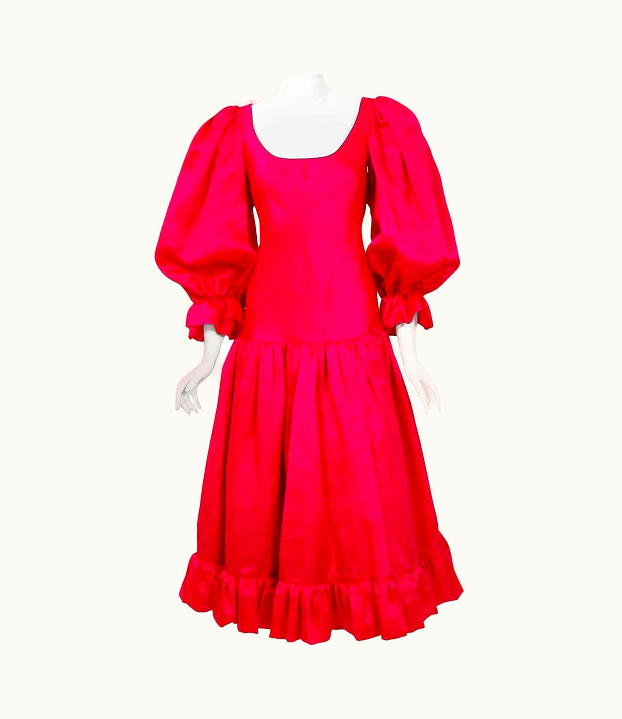 Oscar De La Renta Vintage 1990' Oscar De La Renta Pink Silk Puff-Sleeve Voluminous Ruffle Dress