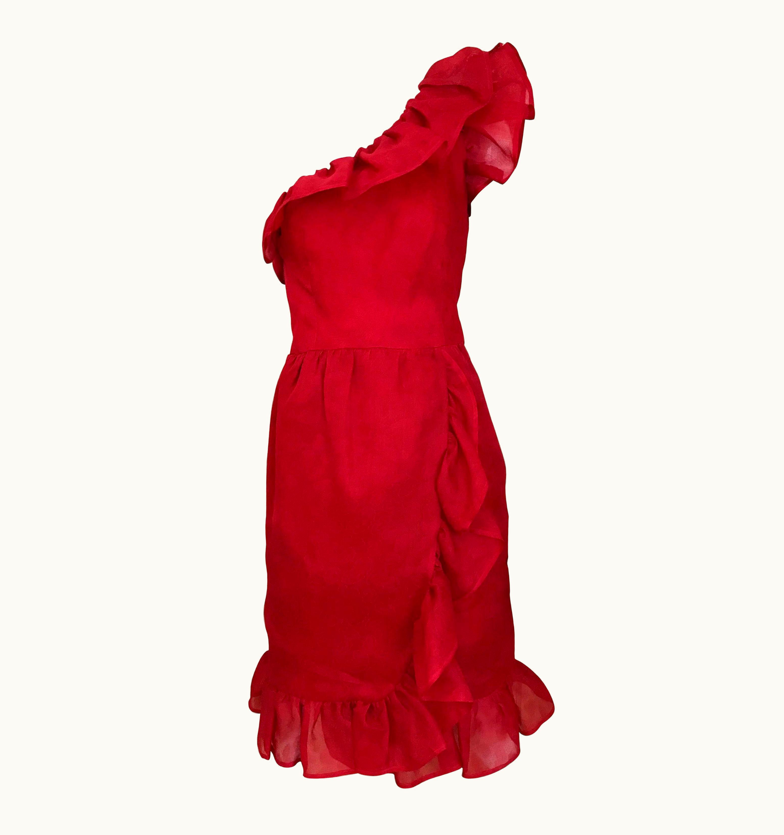 Givenchy Vintage Red Givenchy One Shoulder Ruffle Silk Cocktail Dress