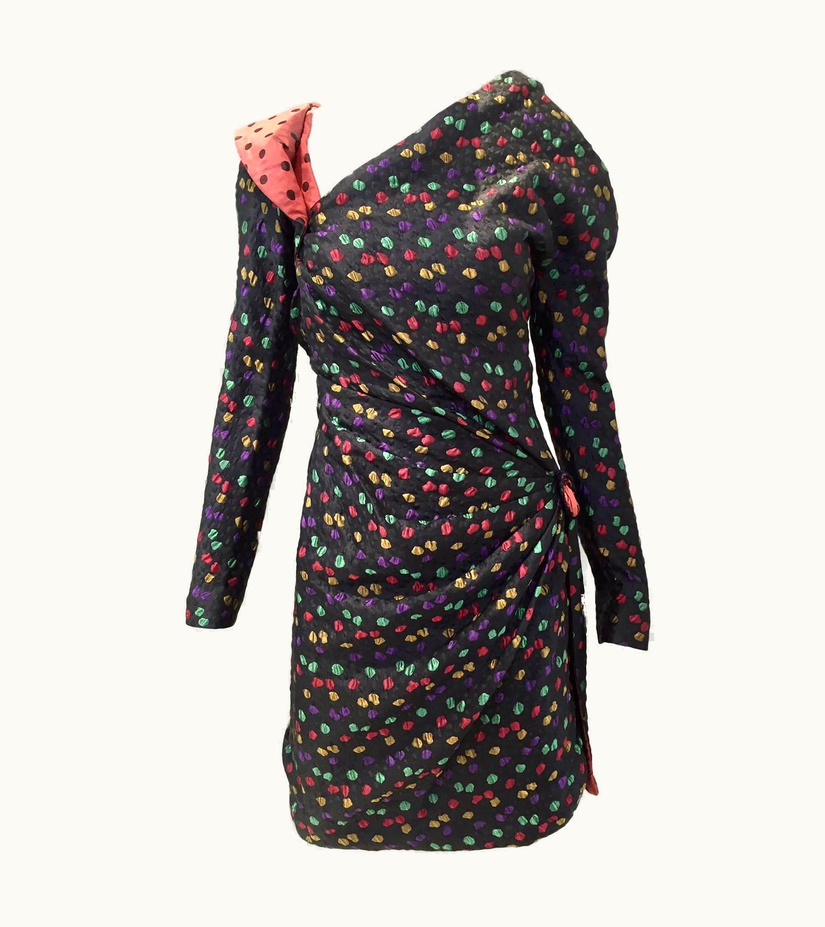 Givenchy 1980s Givenchy Haute Couture Black Silk With Multi Color Dots