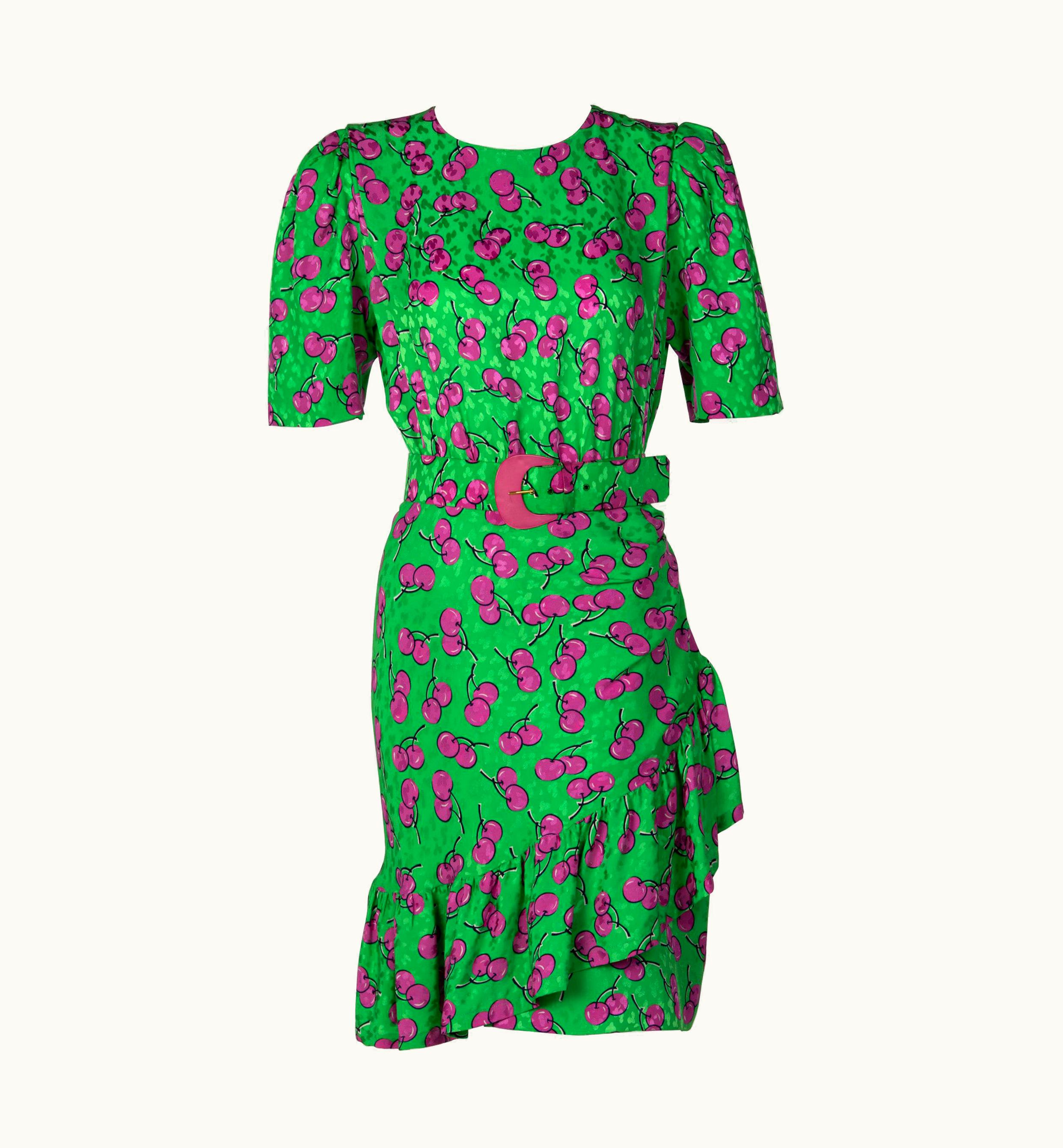 Givenchy Givenchy Silk Green Cherry Print Cocktail Dress, 1980s UZ0601118