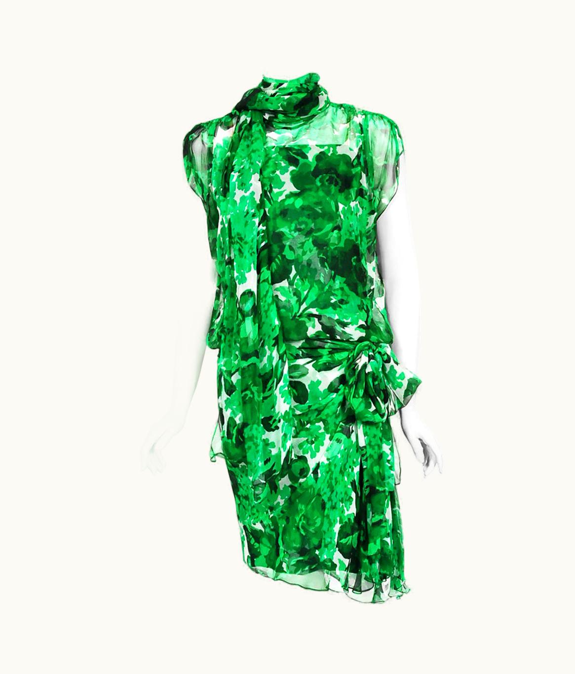 Givenchy Vintage 1990' Givenchy Paris Green Floral Print Sheer Silk Chiffon Draped Dress