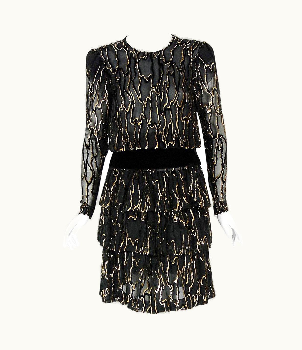 Givenchy Vintage 1979 Givenchy Haute-Couture Metallic Gold & Black Burnout Velvet Dress