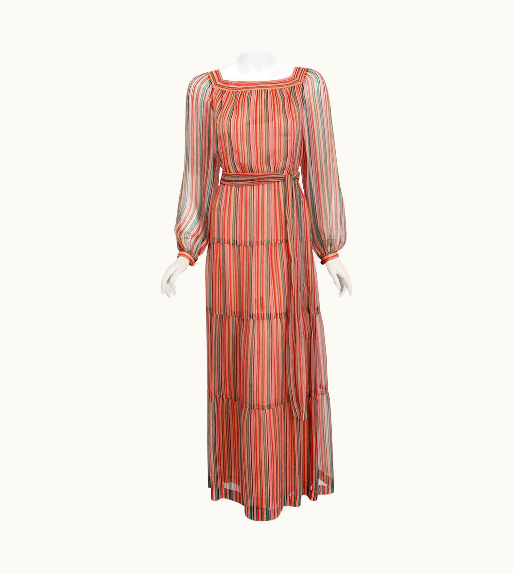 Givenchy Vintage 1970s Givenchy Colorful Stripe Silk-Chiffon Billow Sleeve Bohemian Dress