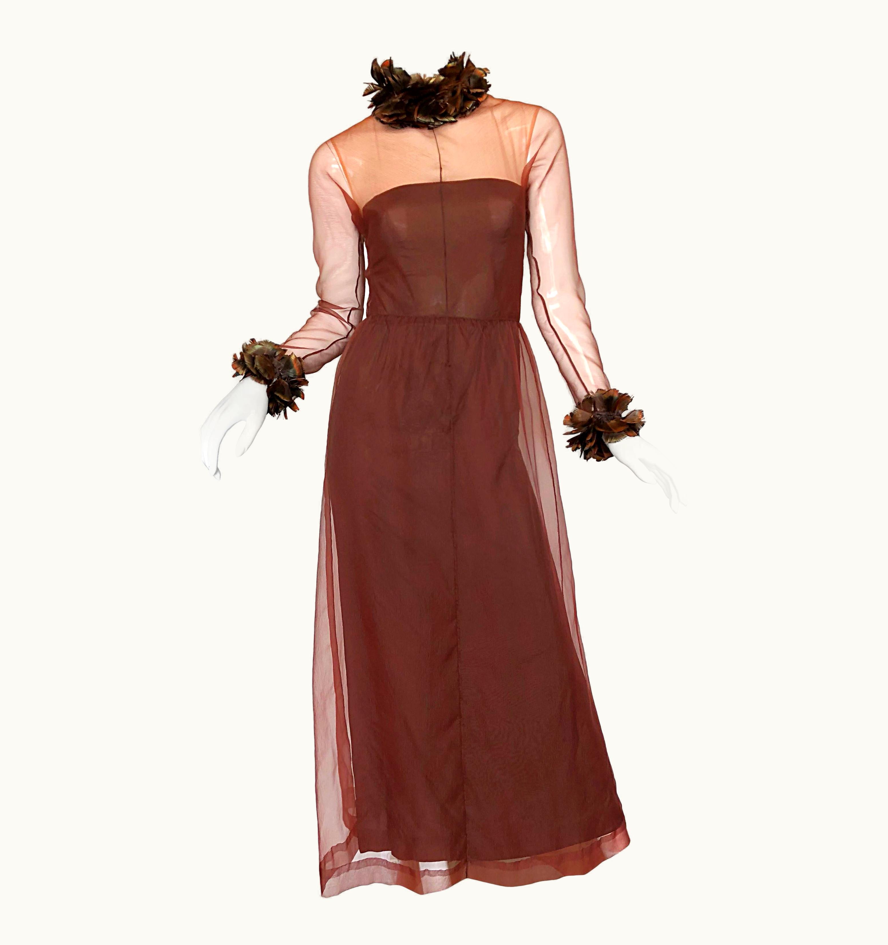 Givenchy Vintage Givenchy Couture Numbered 1970s Chocolate Brown Feathered Chiffon Gown