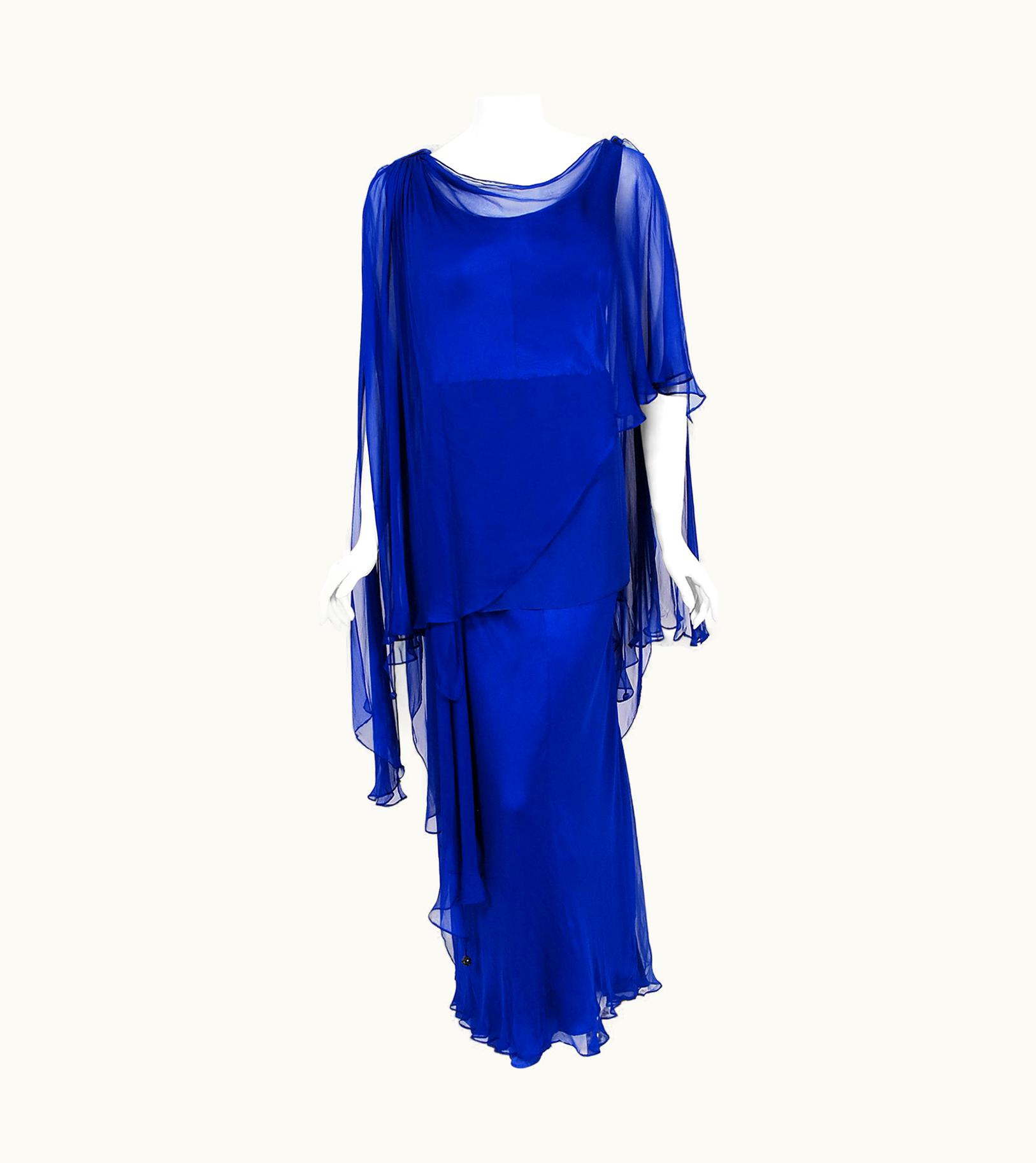 Givenchy Vintage 1967 Givenchy Haute Couture Cobalt Blue Draped Silk Chiffon Caftan Gown