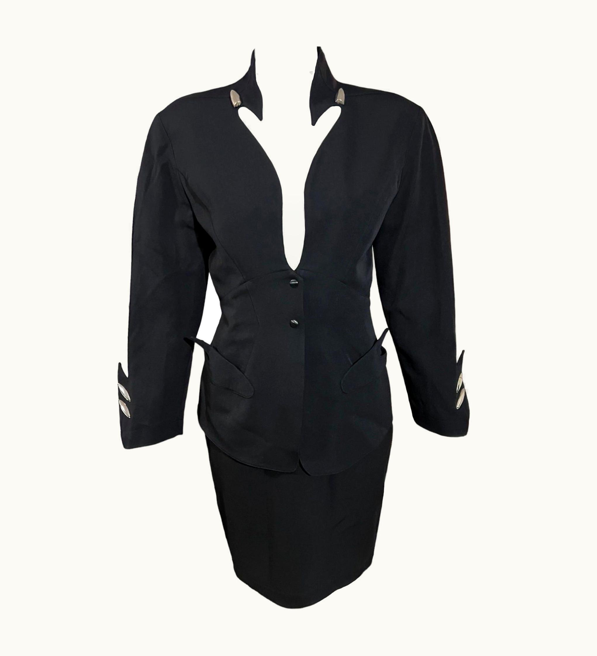 Mugler AW 1989 Thierry Mugler Black Futuristic Bullet Skirt Suit