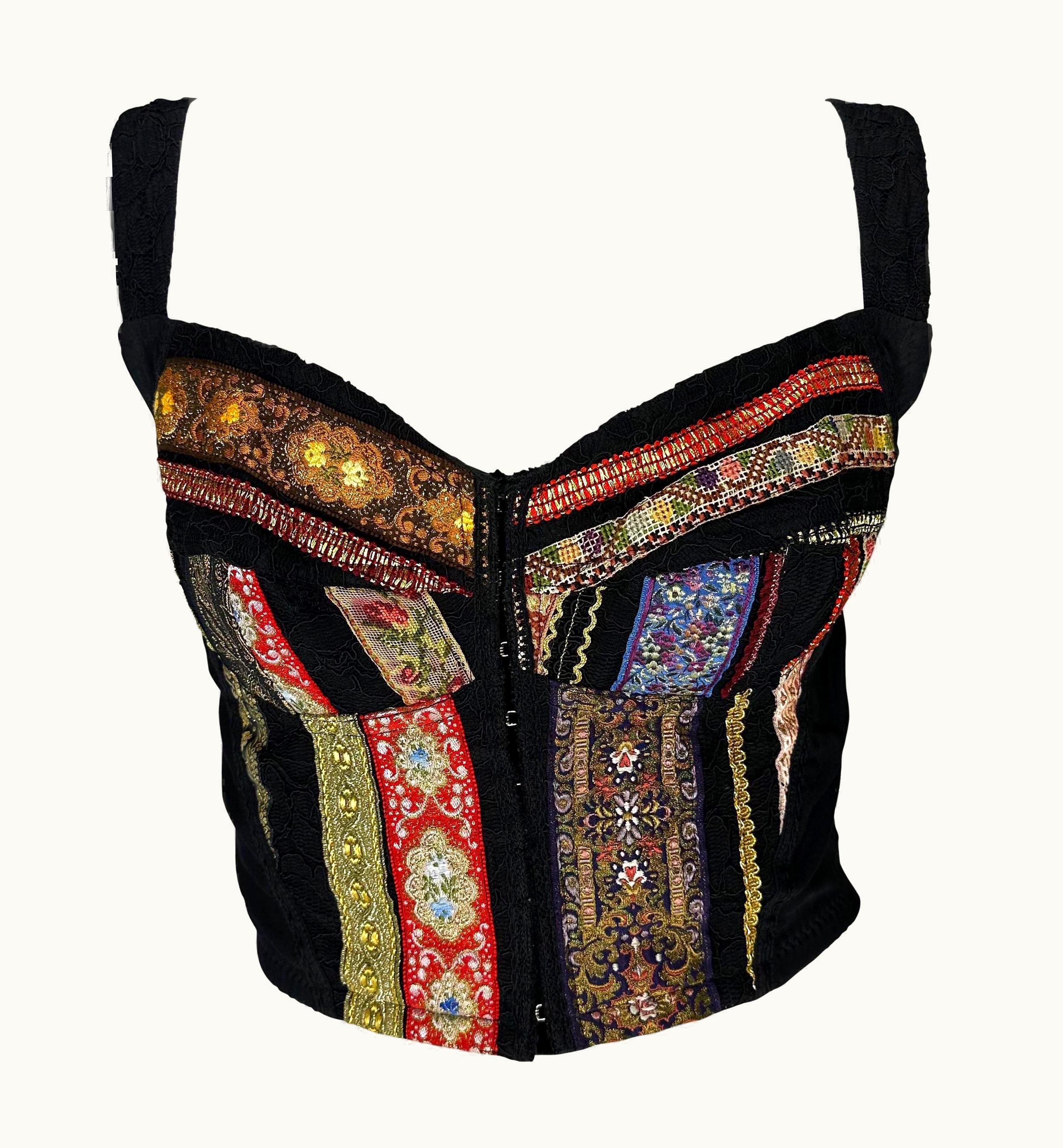 Dolce & Gabbana S/S 1993 Dolce & Gabbana Runway Metallic Ribbon Lace Patchwork Bustier Crop Top