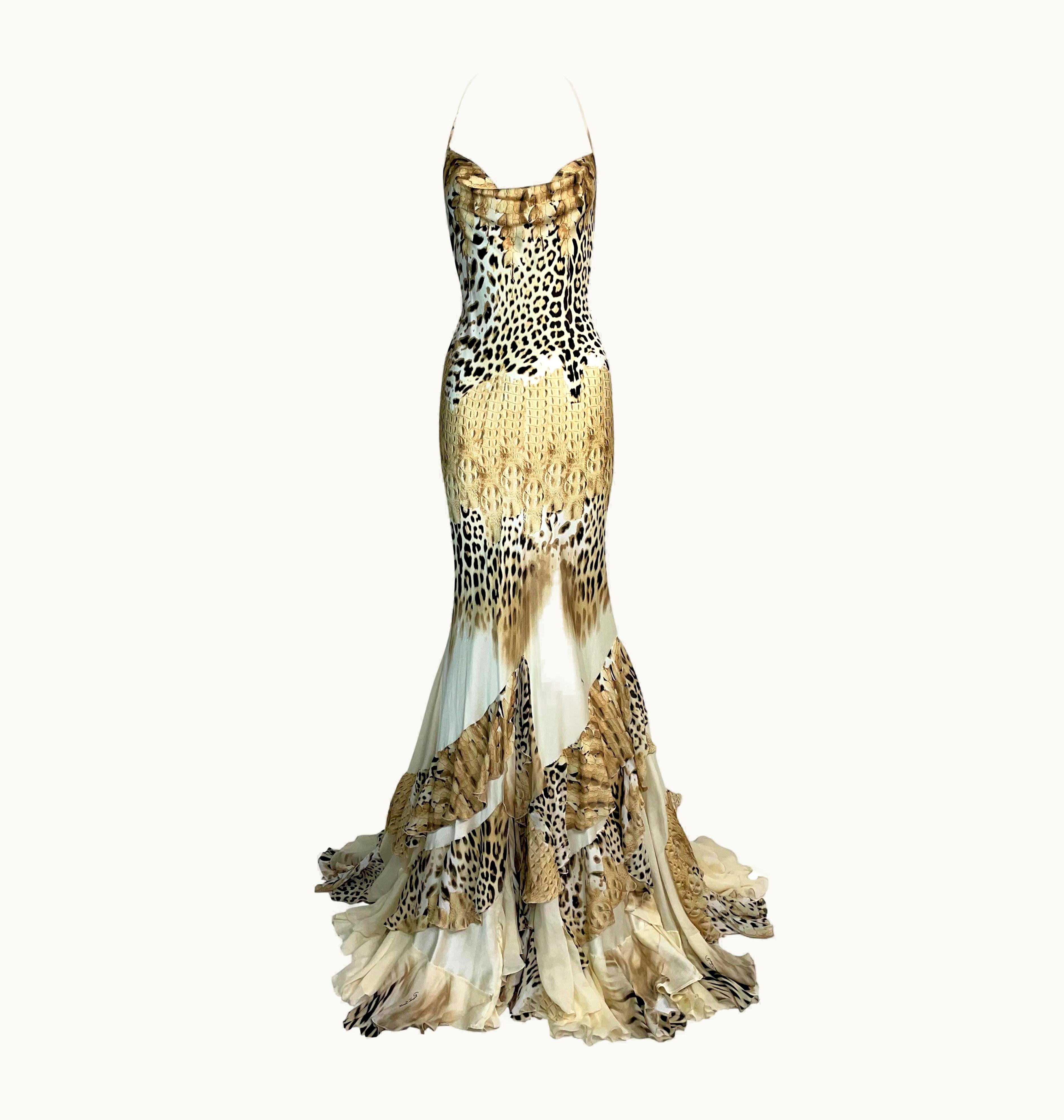 Roberto Cavalli 2002 Roberto Cavalli Silk Cheetah & Crocodile Print Ruffles Halter Gown Dress