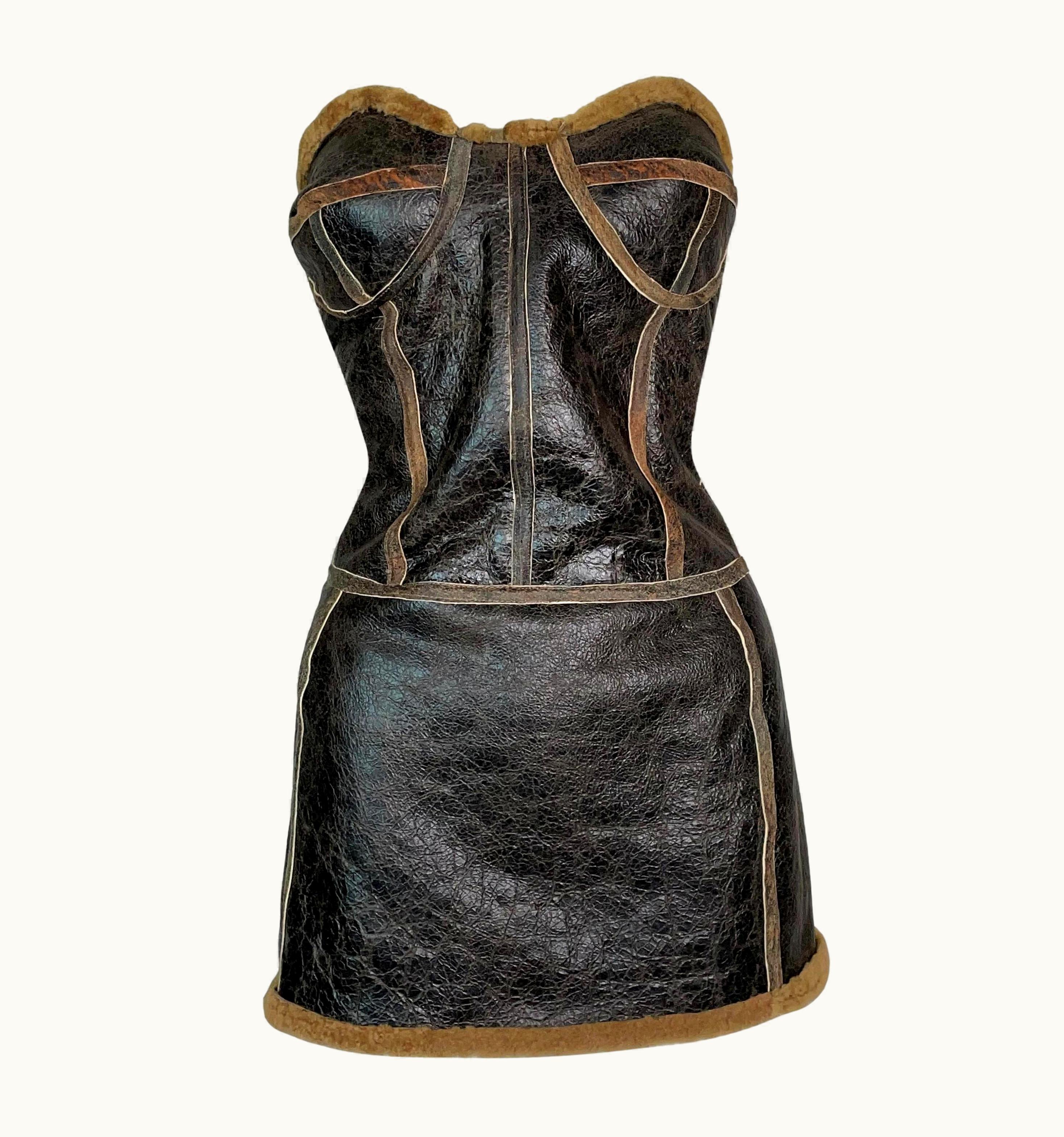 Roberto Cavalli AW 2003 Roberto Cavalli Runway Shearling Brown Leather Strapless Mini Dress
