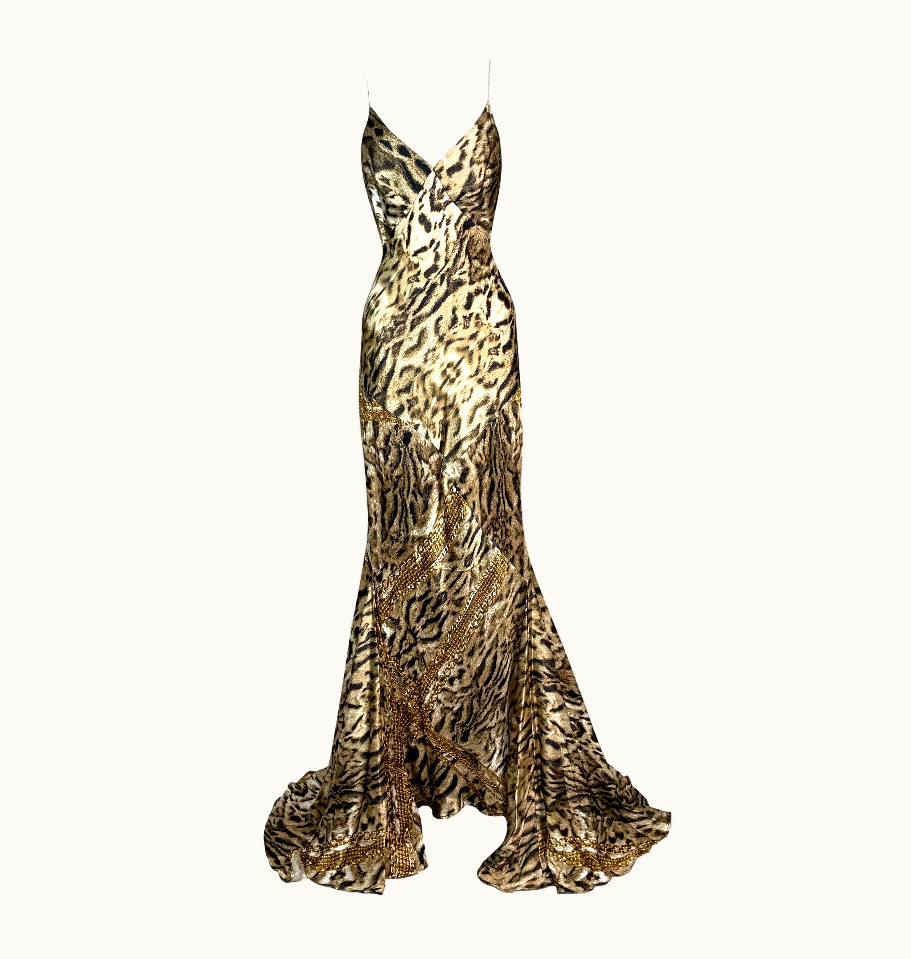 Roberto Cavalli 2003 Roberto Cavalli Leopard & Gold Chains Print Silk Gown Dress