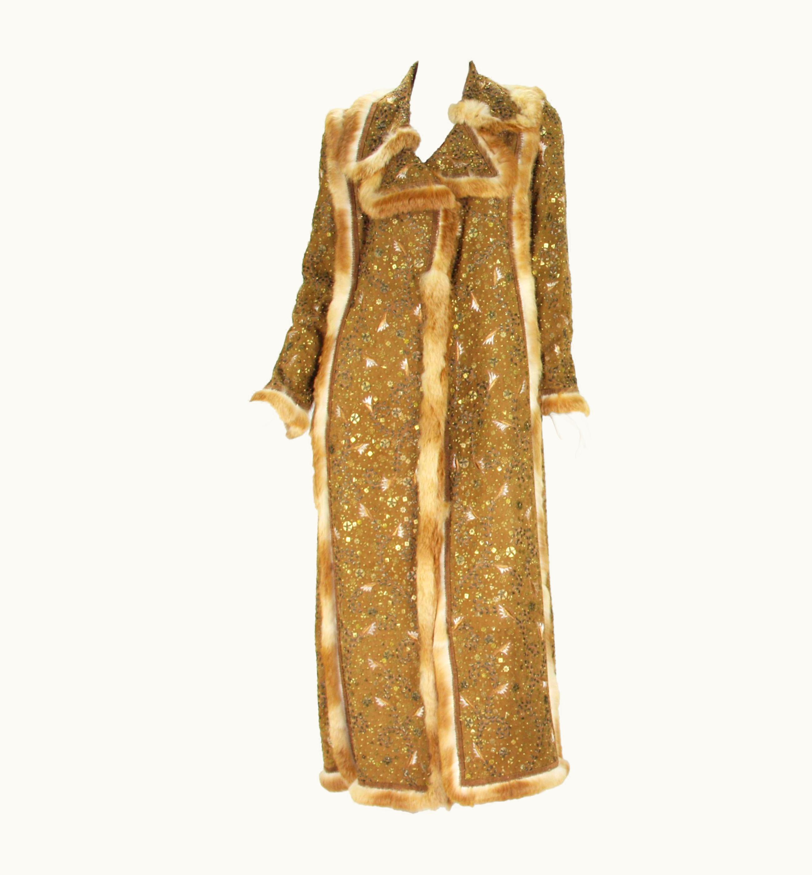 Oscar De La Renta Oscar De La Renta Runway AW 2003 Fully Embellished Suede Long Coat WS/S Fur