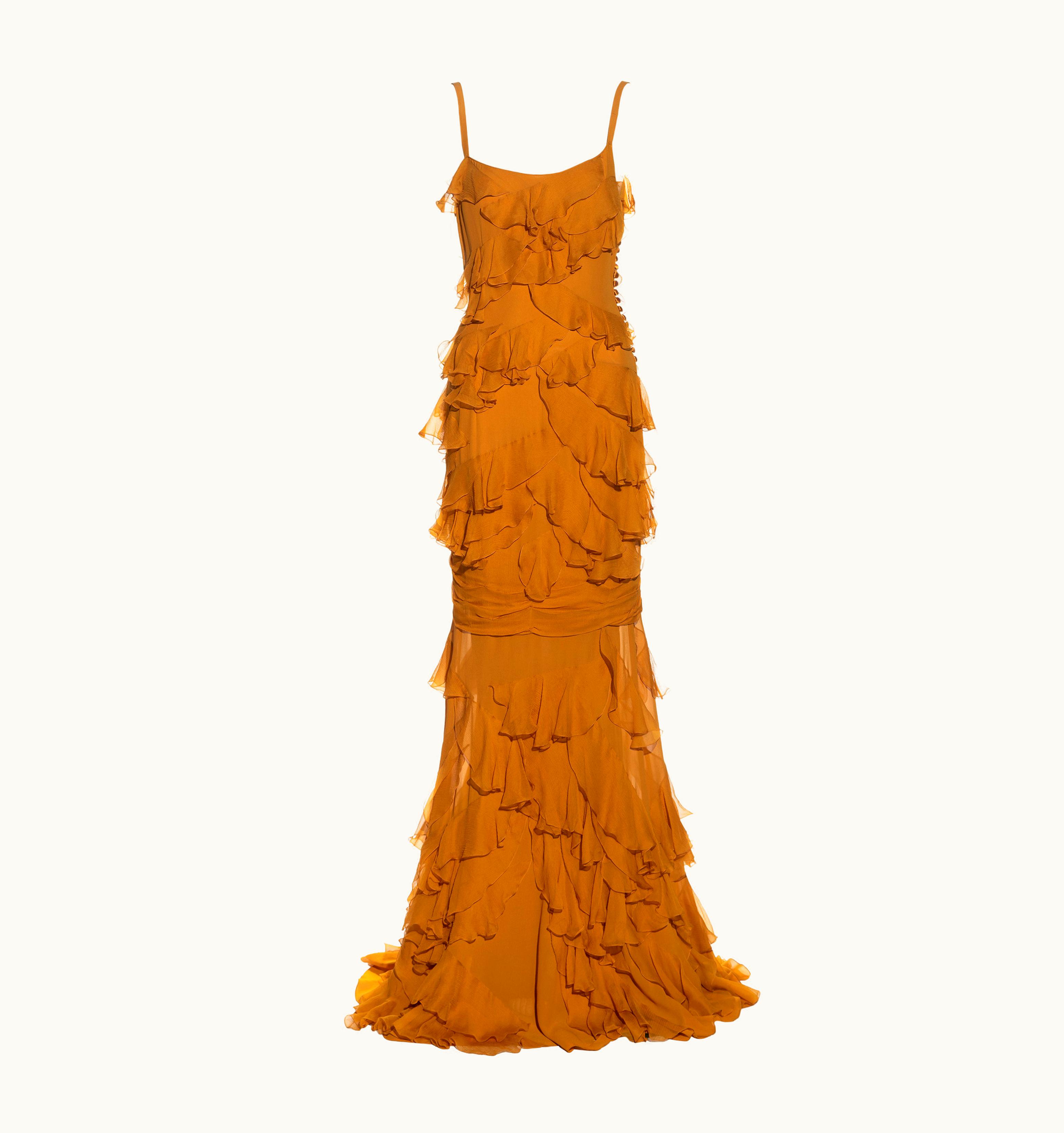 John Galliano John Galliano Saffron Silk Chiffon Ruffled Evening Dress, S/S 2005