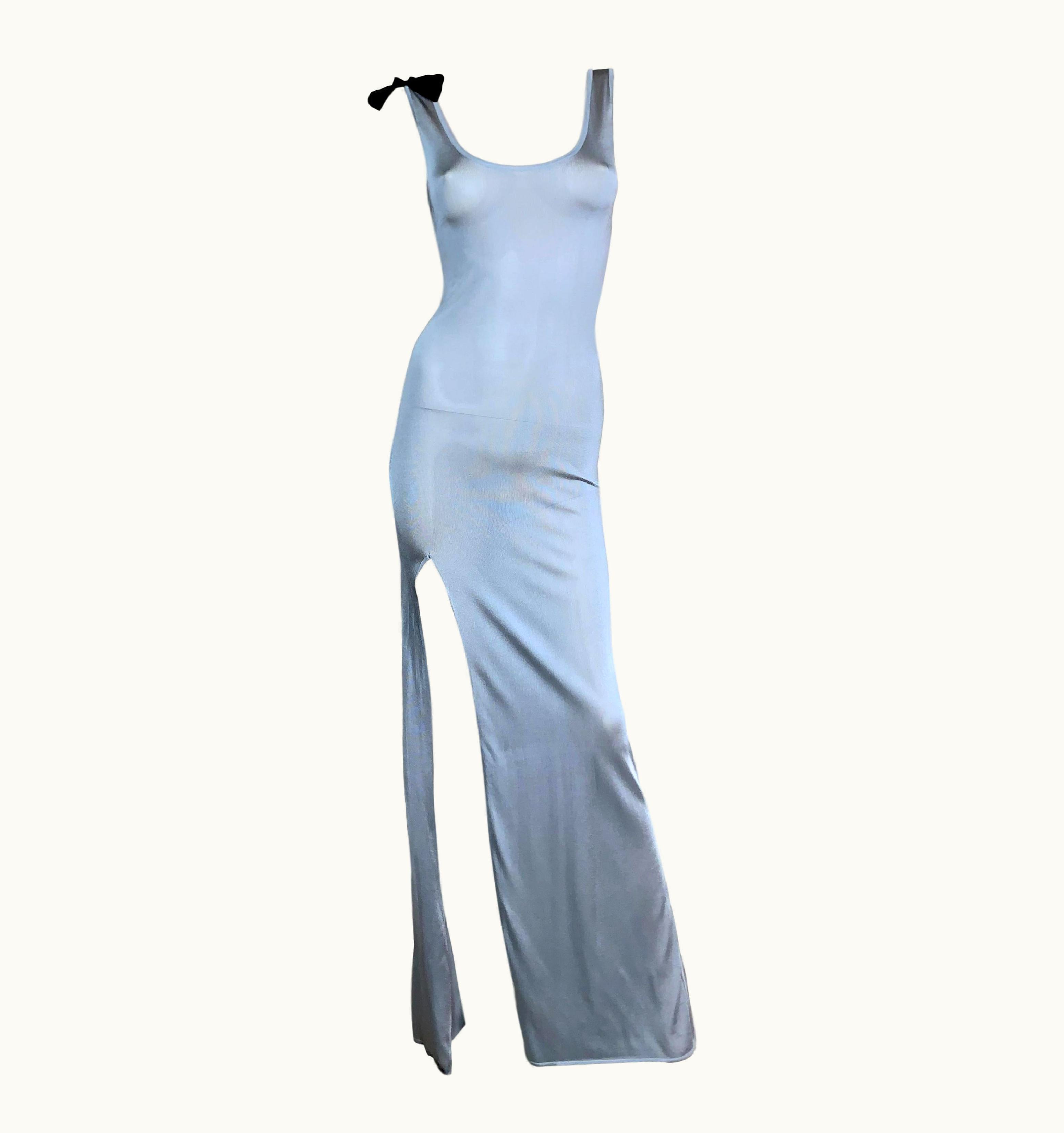 John Galliano AW 2006 John Galliano Sheer Silver Knit Bodycon High Slit Maxi Dress UZ0601293