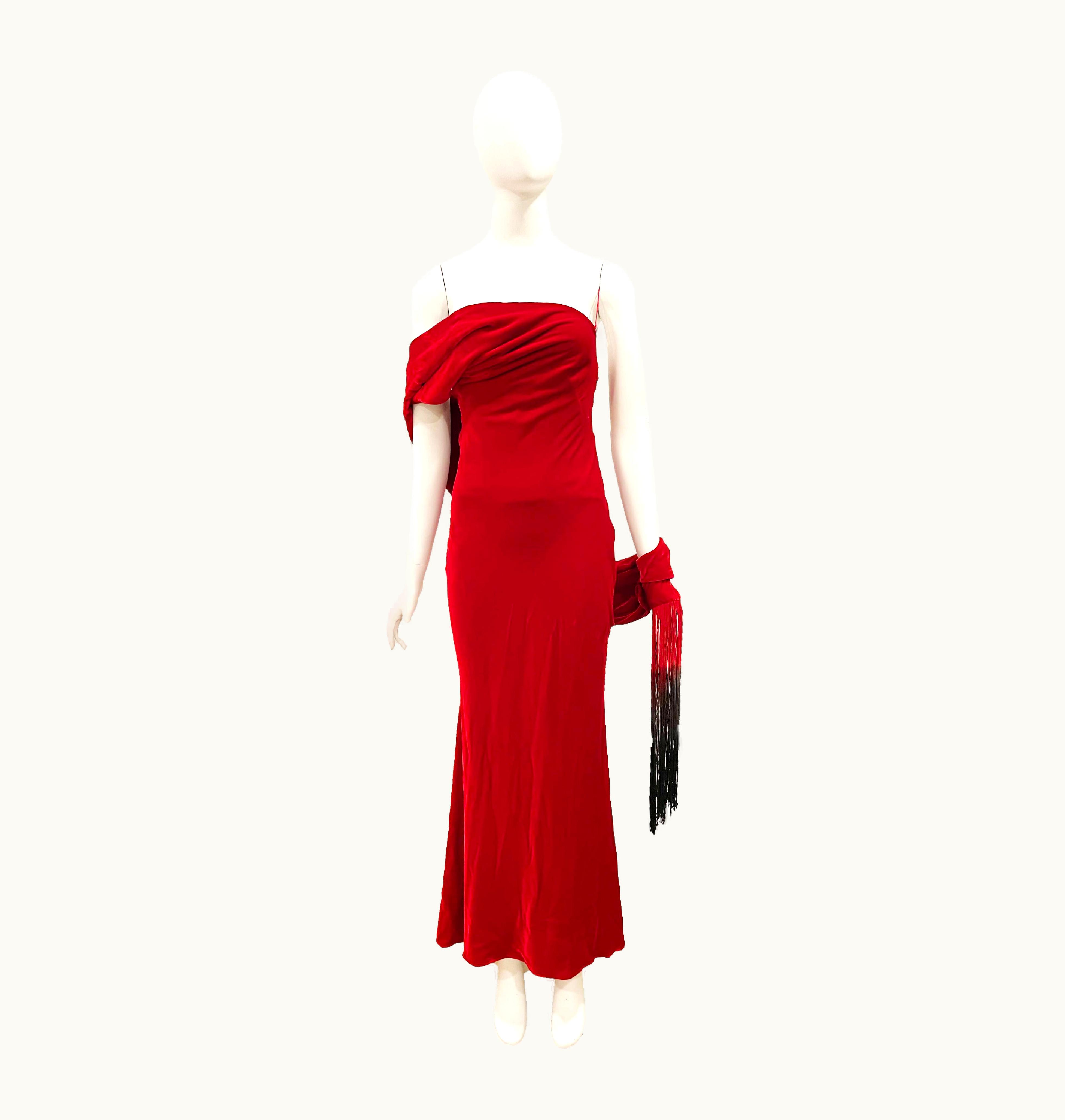 Alexander McQueen 2009 Alexander McQueen Red Velvet One Sleeve Gown