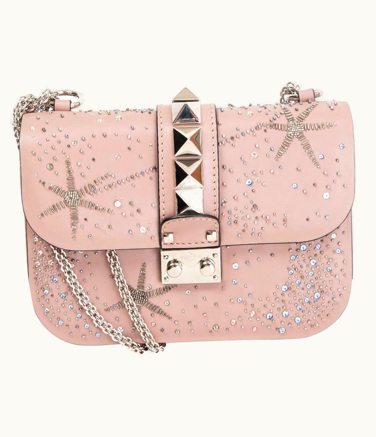 Valentino Valentino Pink Leather Crystal Embellished Glam Lock Small Flap Bag Powder