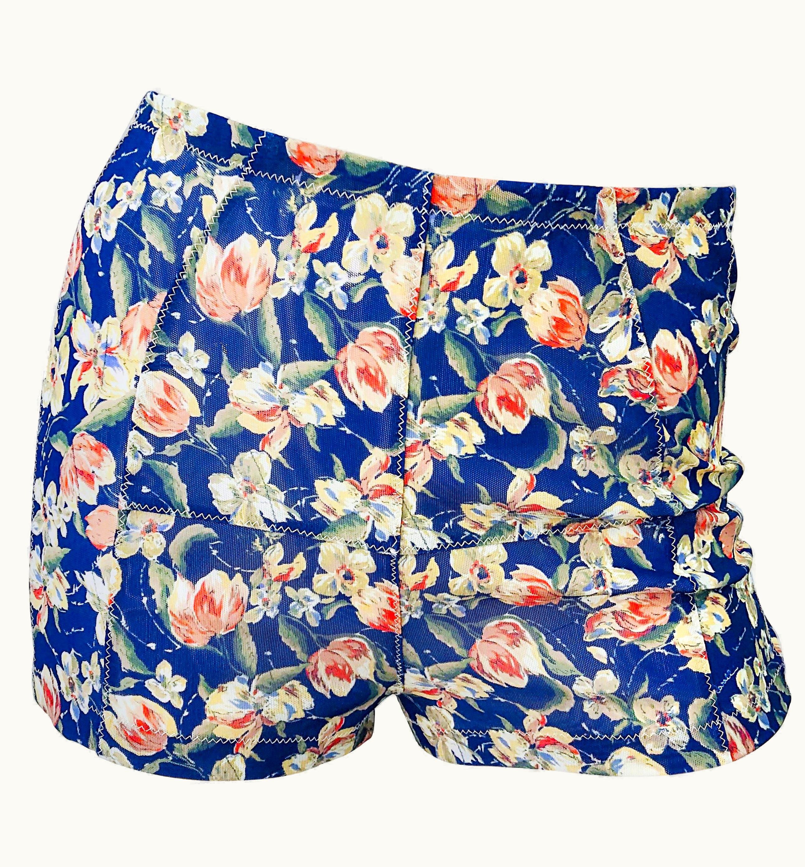 Roberto Cavalli 1990s Roberto Cavalli Navy Blue Flower Print Vintage 90s Mesh Shorts Hot Pants