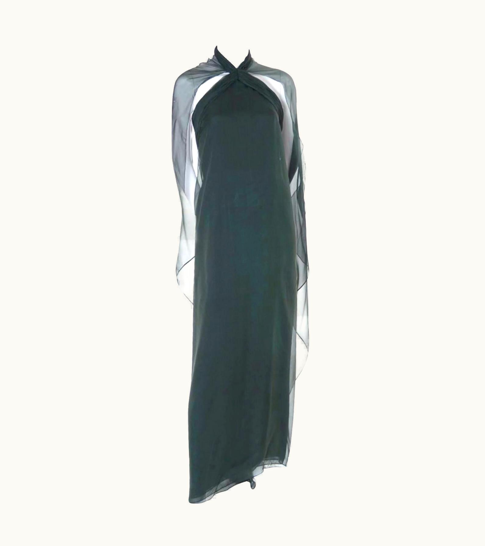 Oscar De La Renta 1990s Vintage Oscar De La Renta Dress Evening Gown In Green Silk Chiffon W Scarf