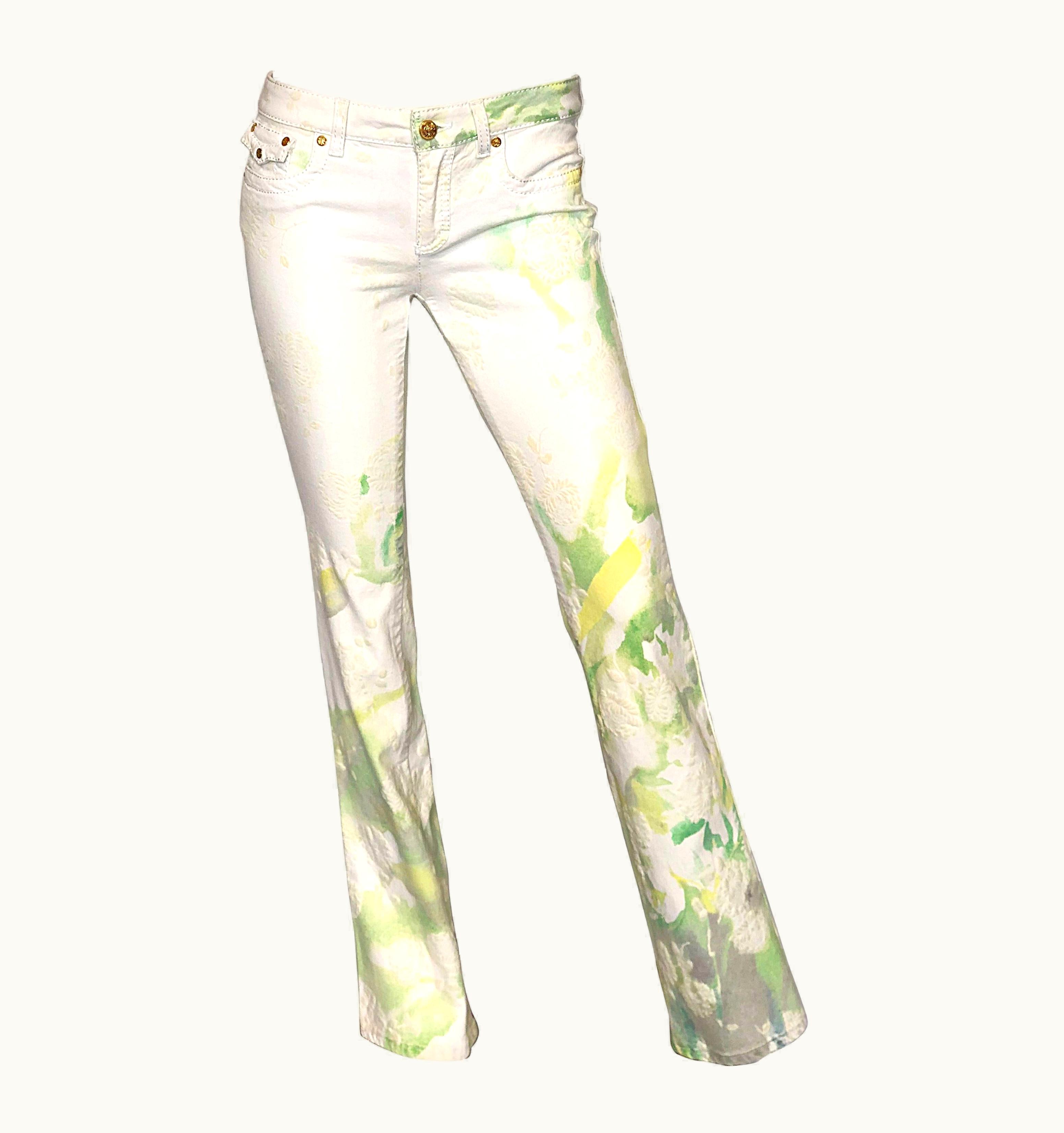 Roberto Cavalli Roberto Cavalli 2000s Low Rise White Green Yellow Boot Cut Pants JeanS