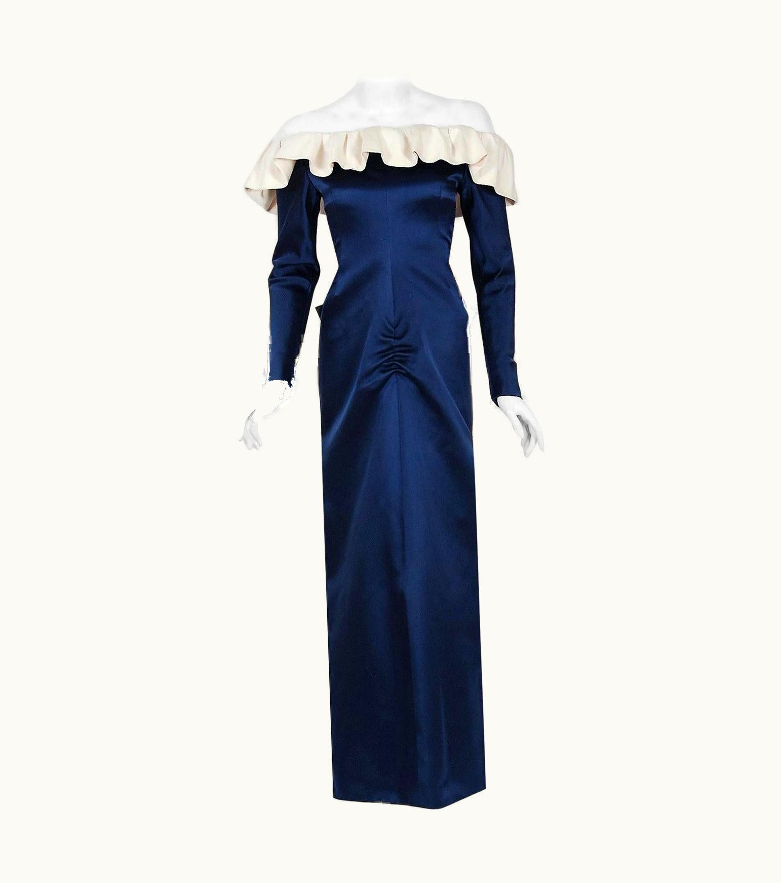 Givenchy Vintage 1979 Givenchy Haute Couture Navy & Ivory Silk Off-Shoulder Ruffle Gown