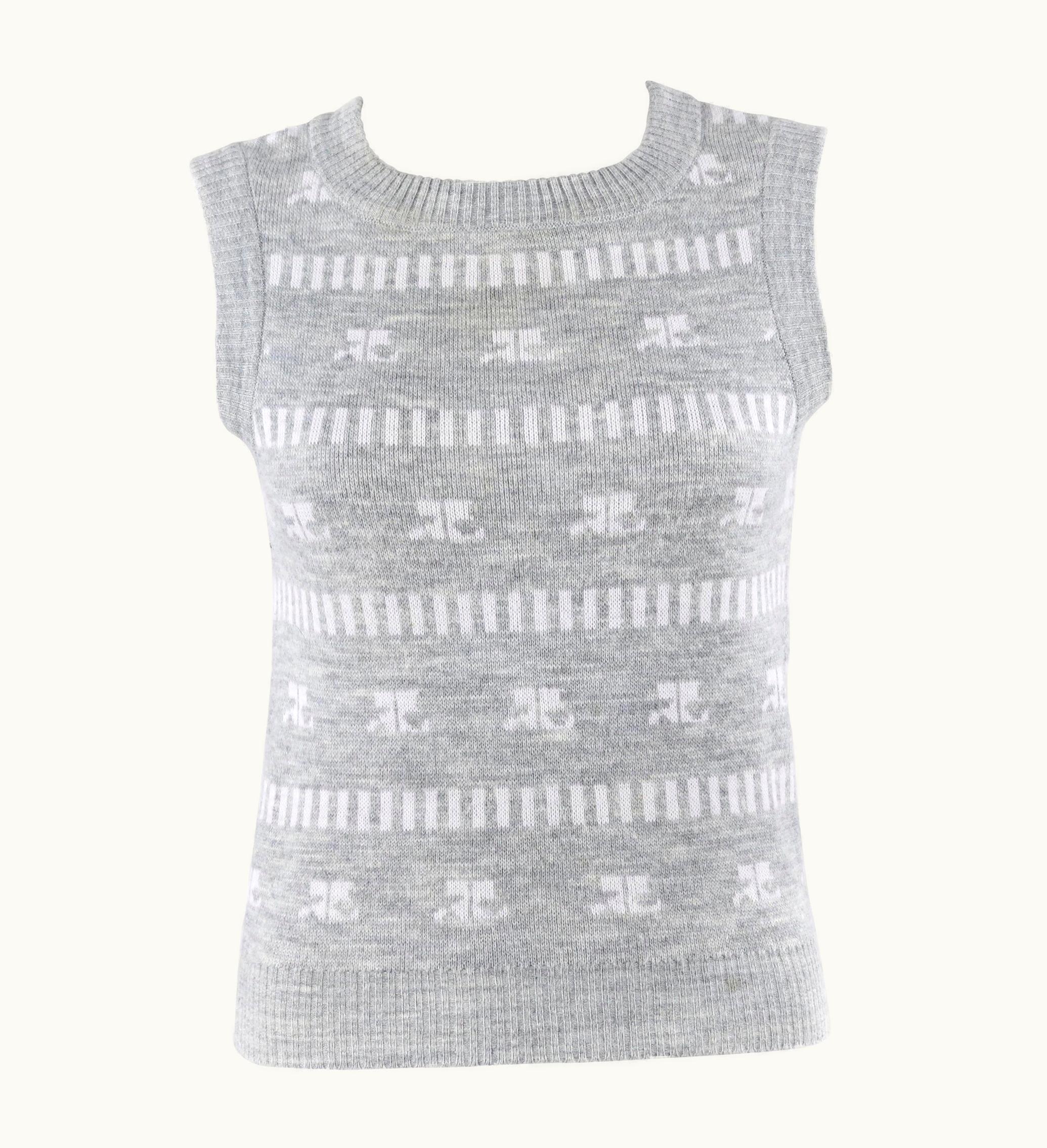 Courrèges Courrèges C.1970' Grey & White Logo Signature Print Knit Sweater Vest
