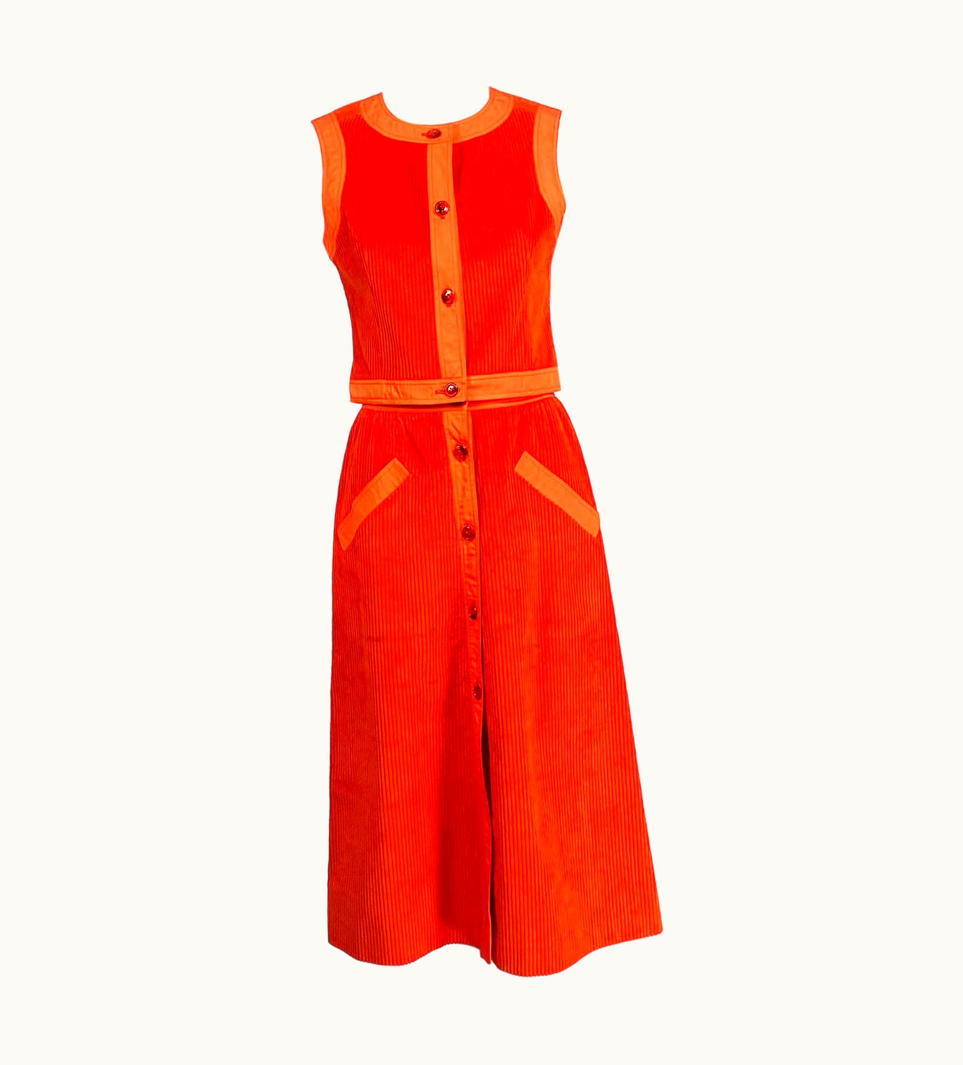 Courrèges Courrèges Paris Couture Future Wide Wale Corduroy Top & Skirt In Bright Orange