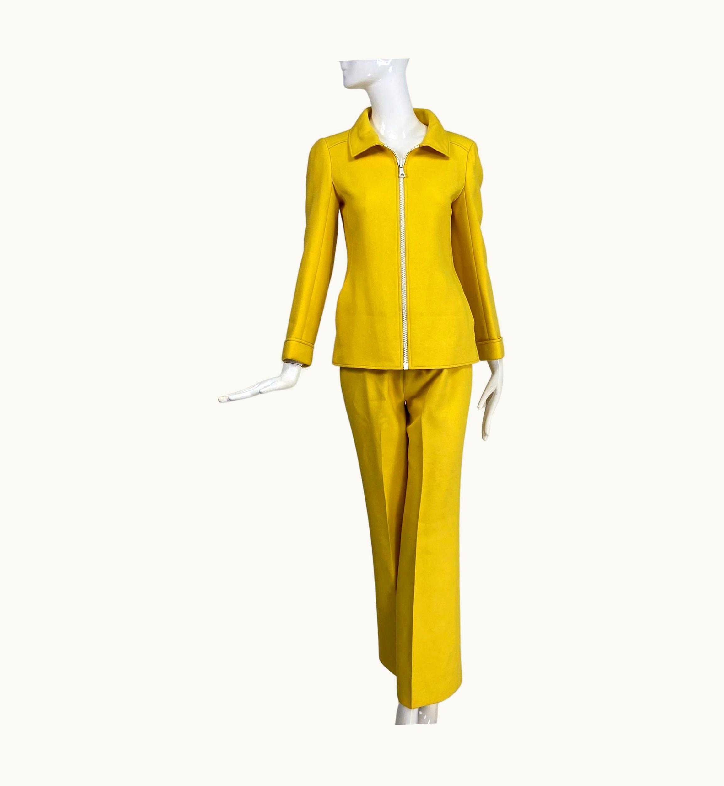 Courrèges Andre Courrèges Paris Couture Future Yellow Wool Pique Pant Set 1970s