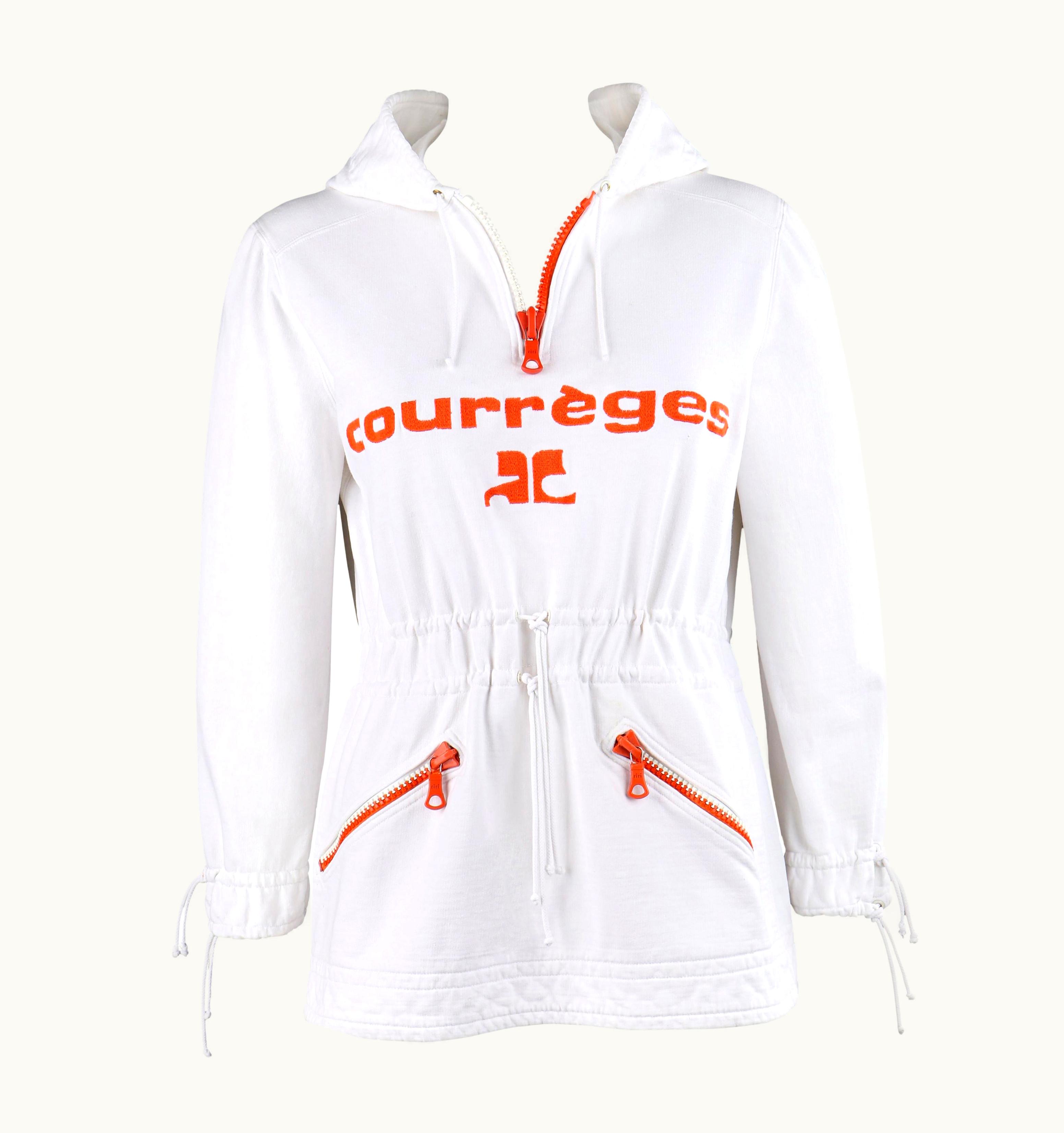 Courrèges Courrèges Paris Hyperbole c.1970' White Embroidered Quarter Zip Pullover Hoodie