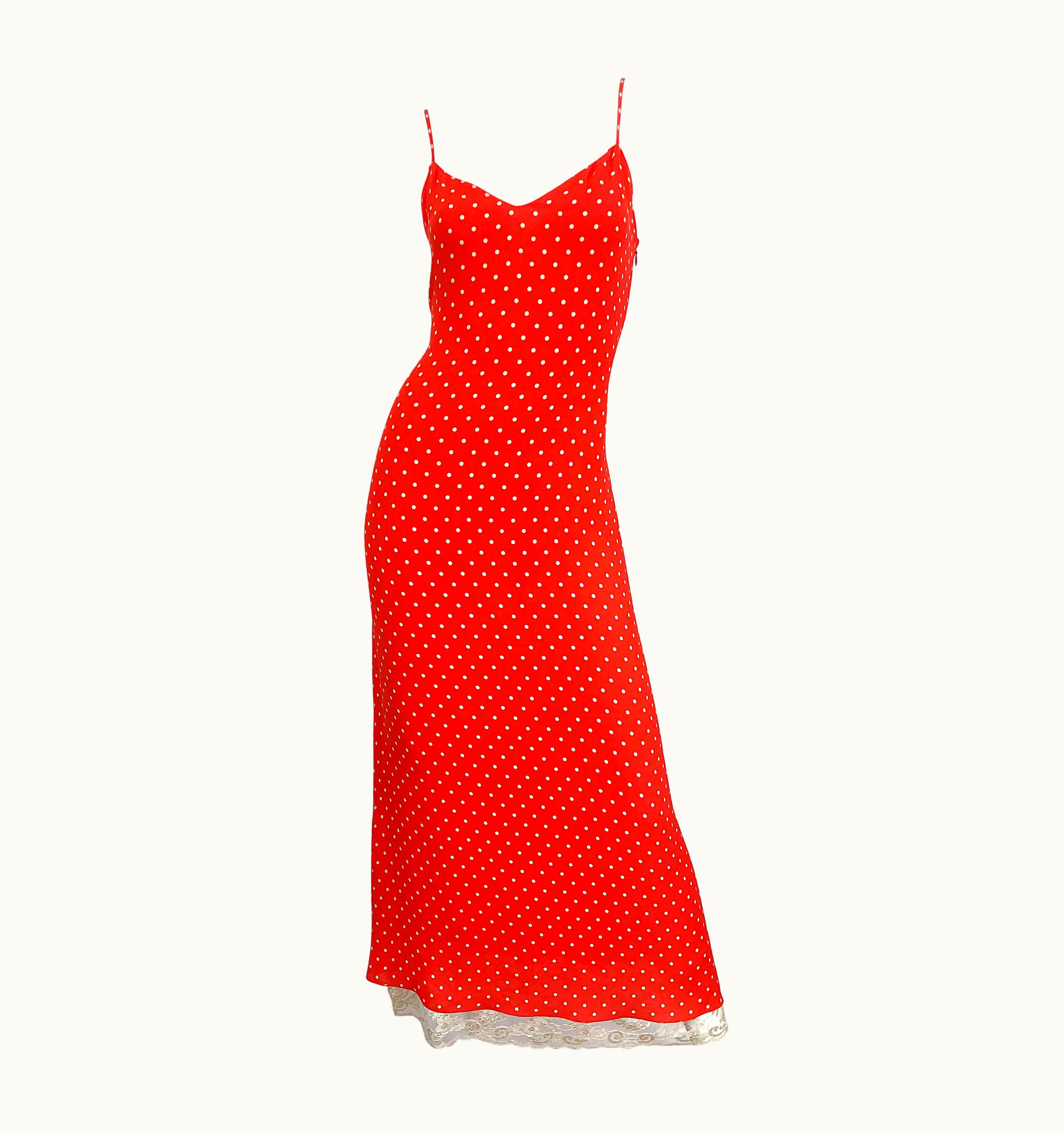 Valentino Vintage Valentino S/S 10 Red And White Silk + Lace Polka Dot Gown 70s Dress
