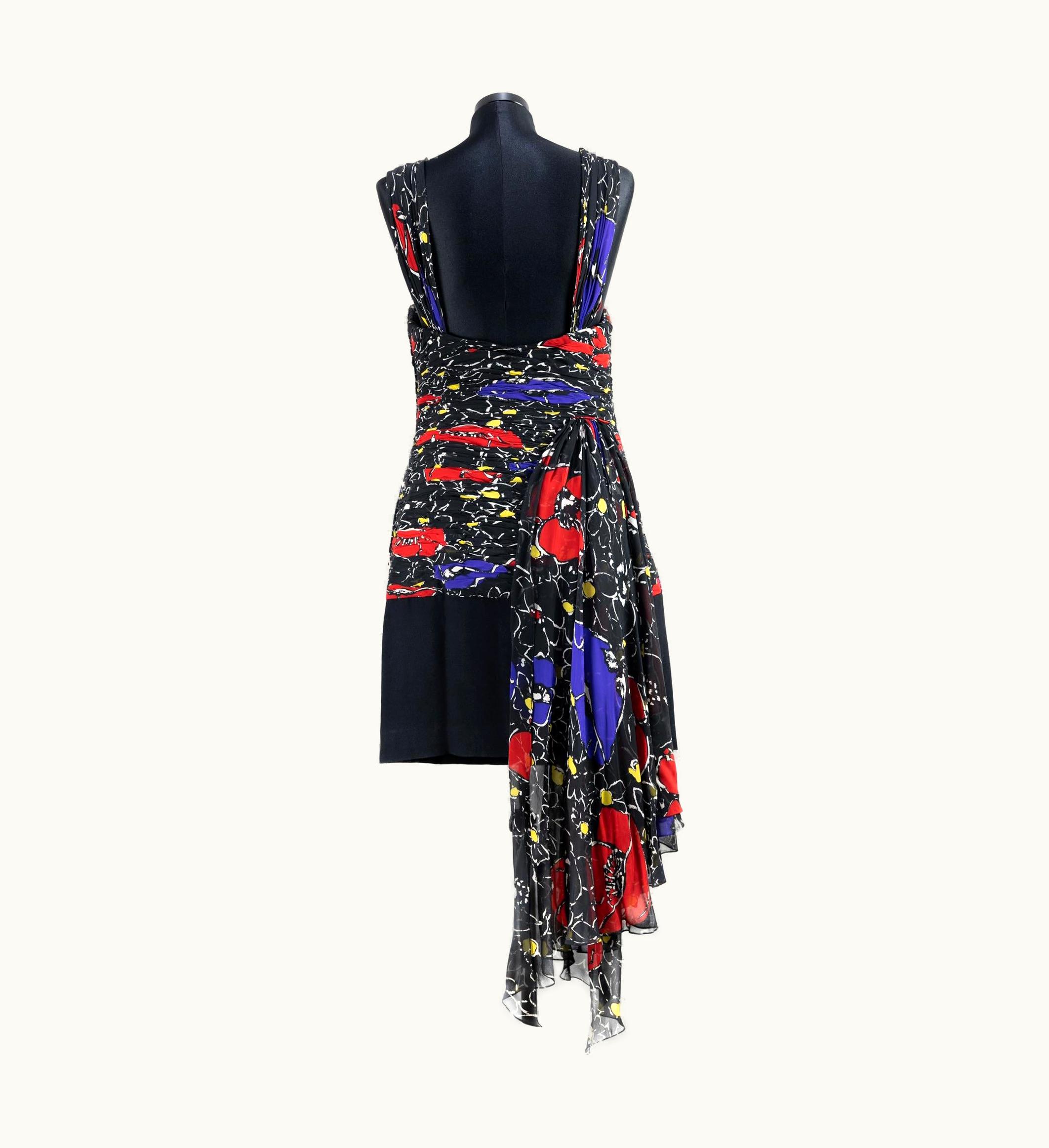 Valentino Valentino Black Floral Print Silk Dress 1970s