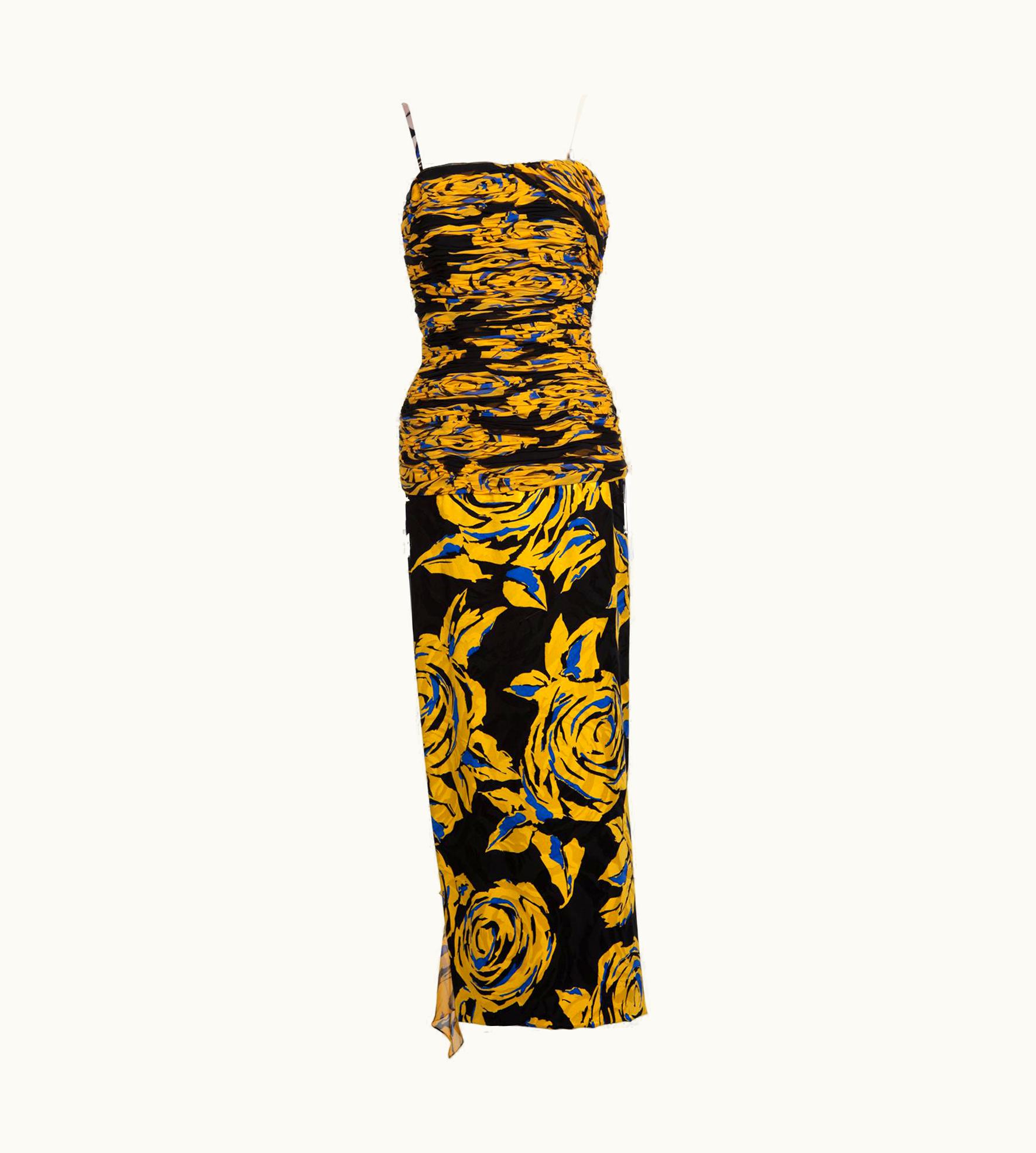 Valentino Valentino Yellow Floral Print Draped Black Silk Fishtail Gown Shawl 1970s UZ0601419