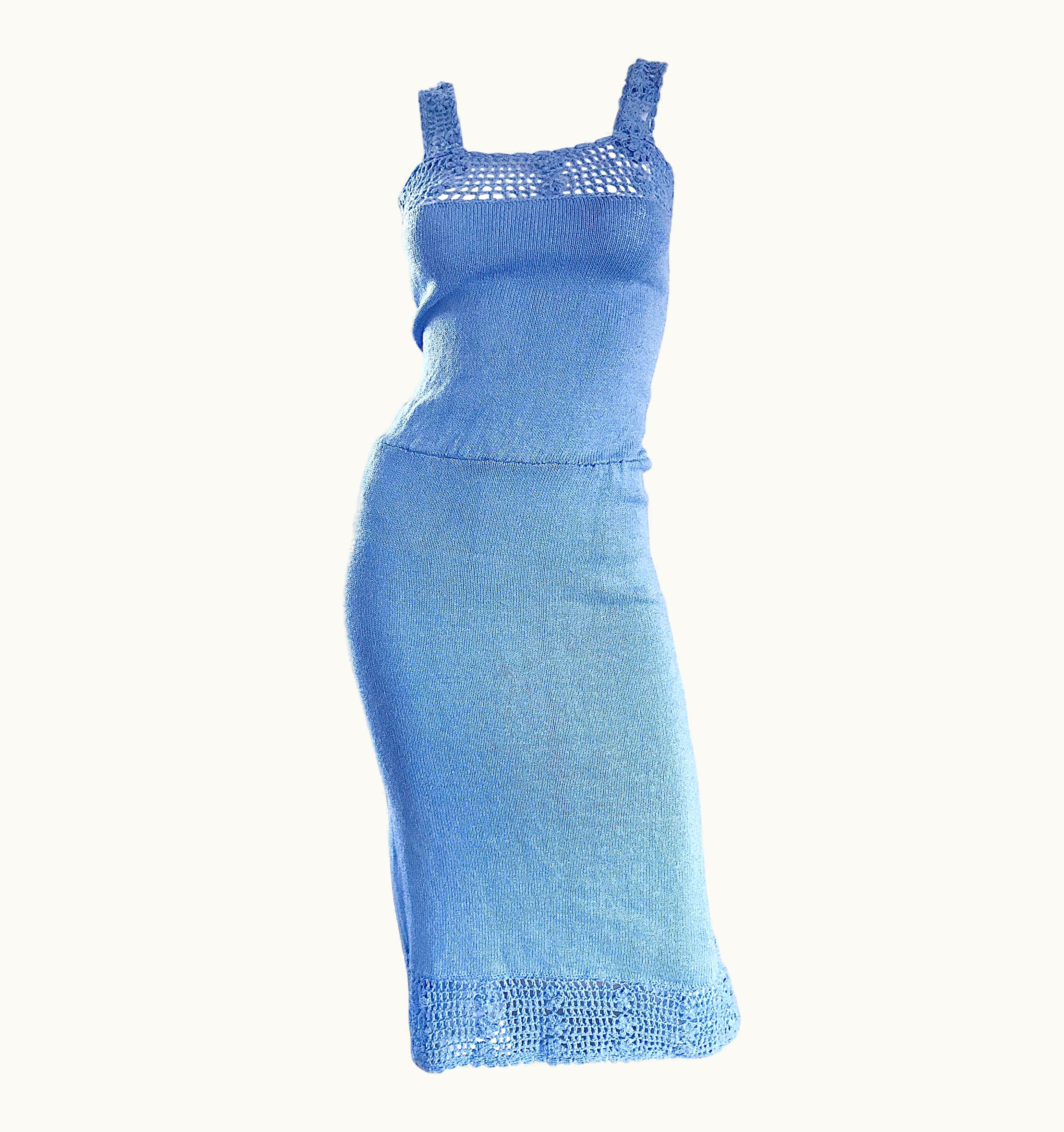 Oscar De La Renta Oscar De La Renta Light Blue Knit Crochet Vintage Sleeveless Dress, 1970s