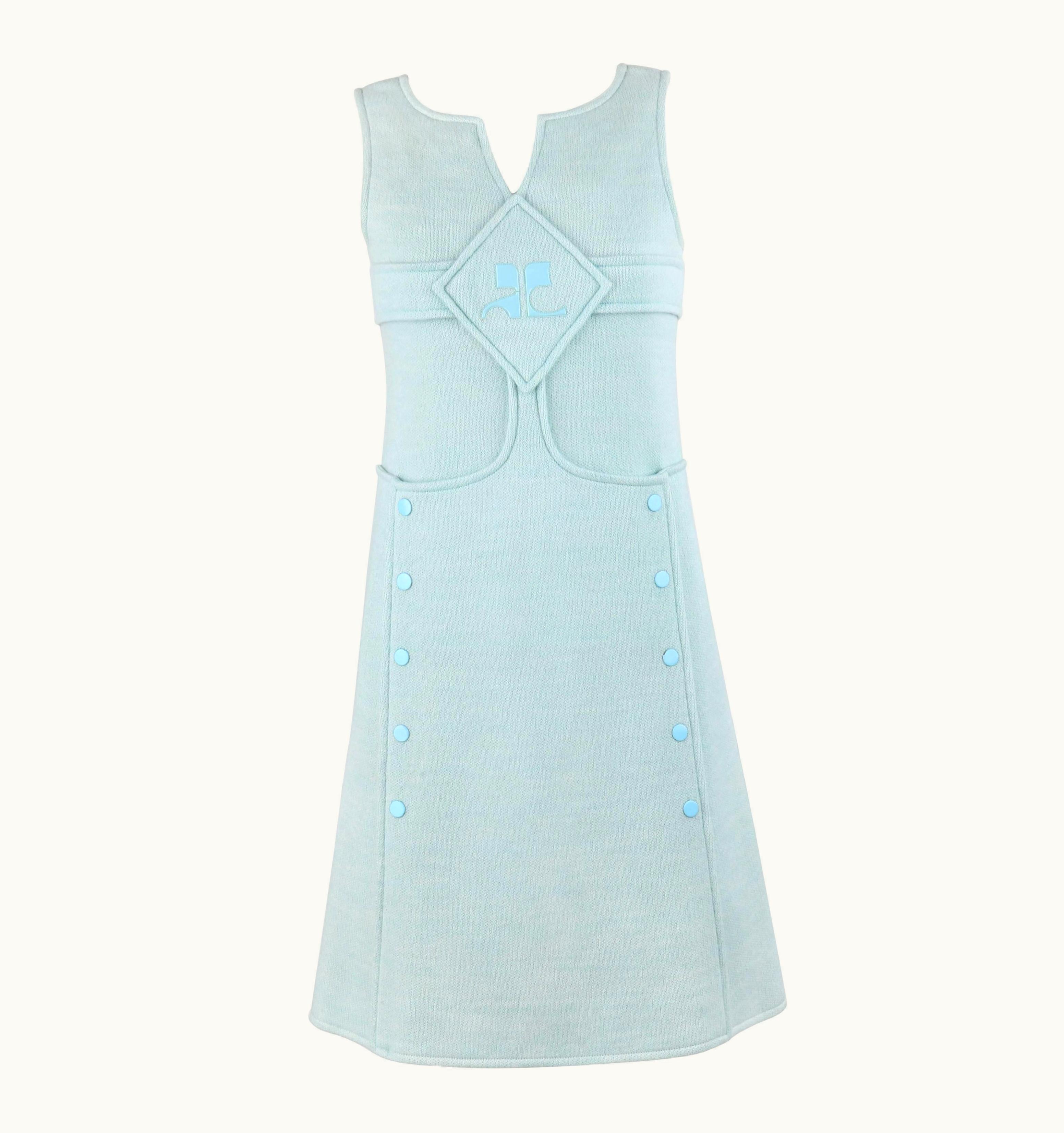 Courrèges Courrèges Hyperbole C.1970s Sky Blue Wool Sleeveless Siganture Logo A-Line Dress