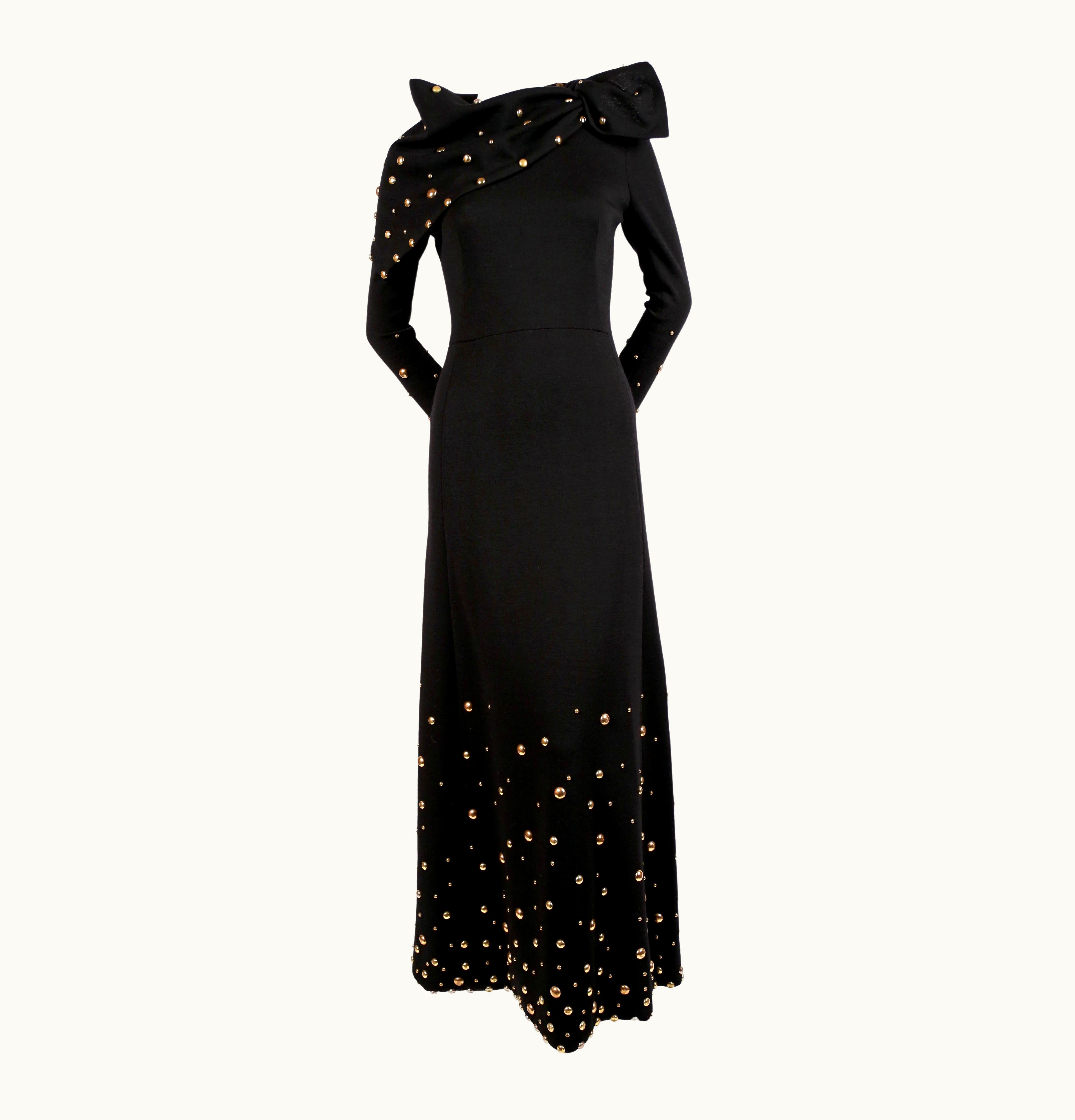 Givenchy 1970' Givenchy Black Wool Dress With Large Gold Studs