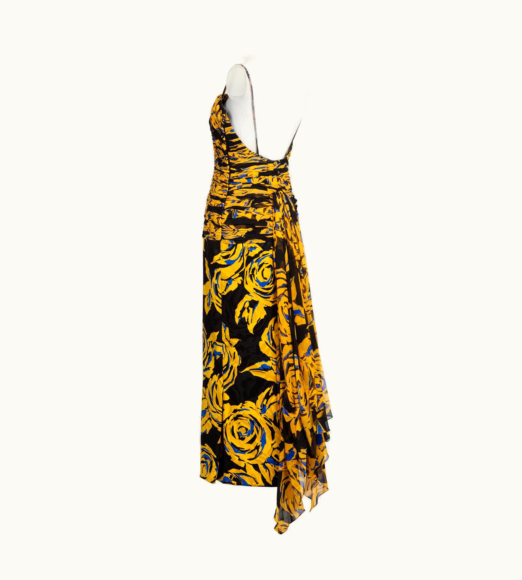 Valentino Valentino Yellow Floral Print Draped Black Silk Fishtail Gown Shawl 1970s UZ0601435