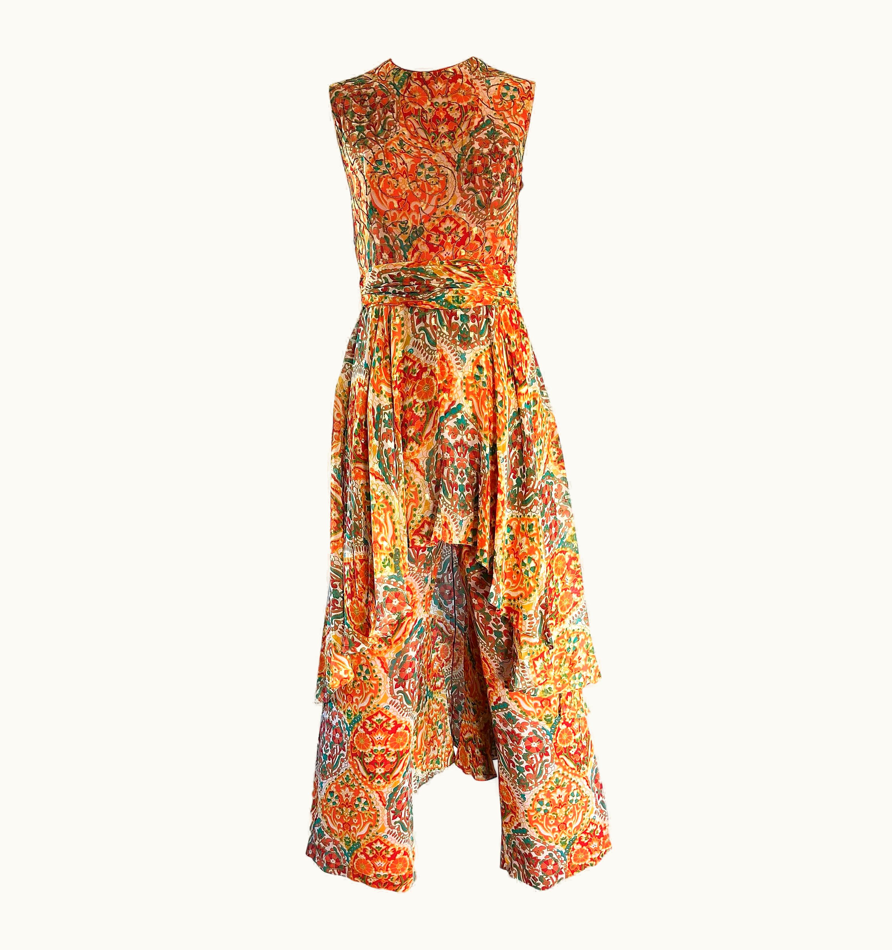 Oscar De La Renta 1970s Oscar De La Renta Silk Boho Batik Print Vintage Jumpsuit Attached Skirt