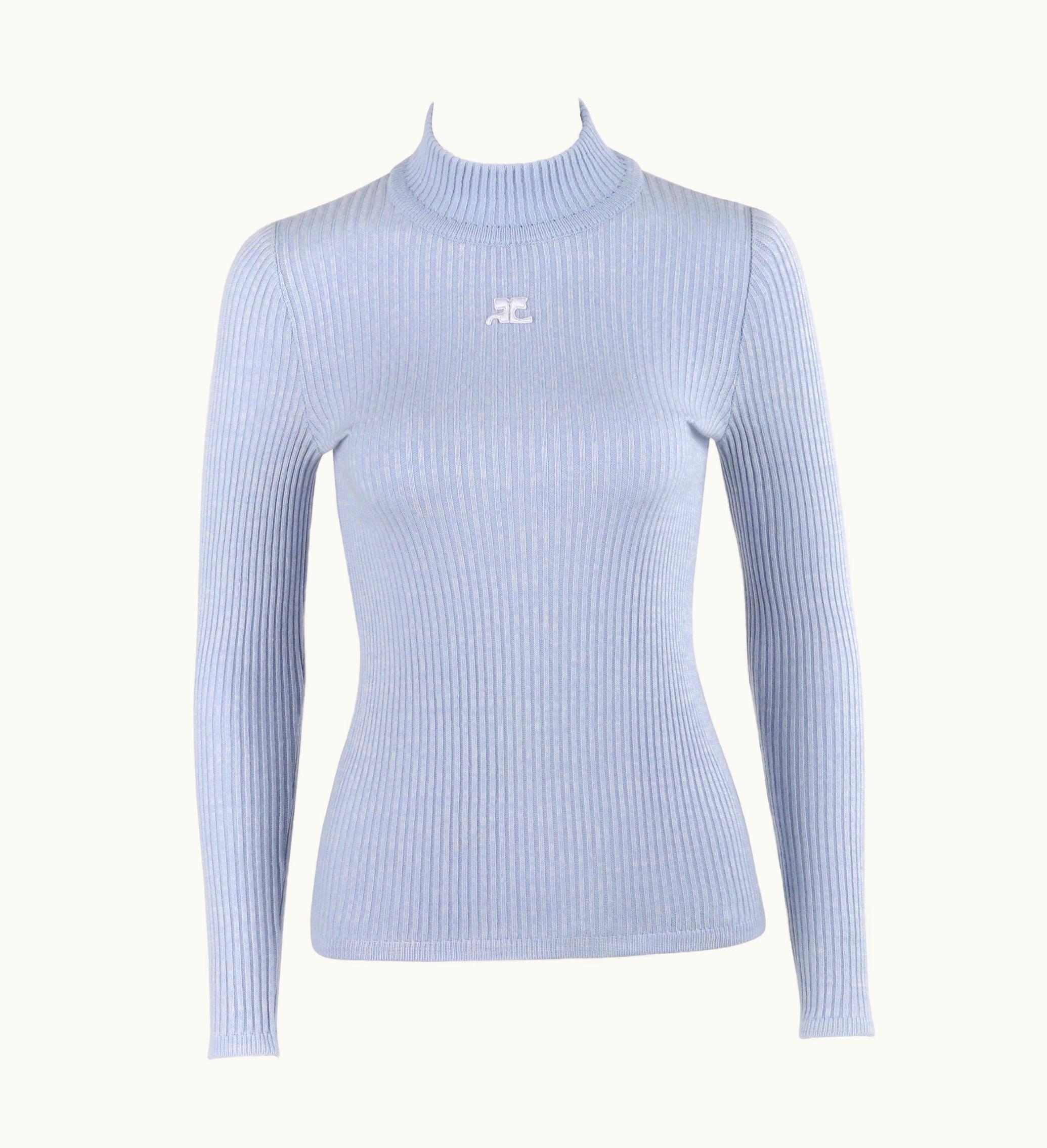 Courrèges Courrèges C.1970' Light Blue Stretch Knit Mock Neck Long Sleeve Sweater Top