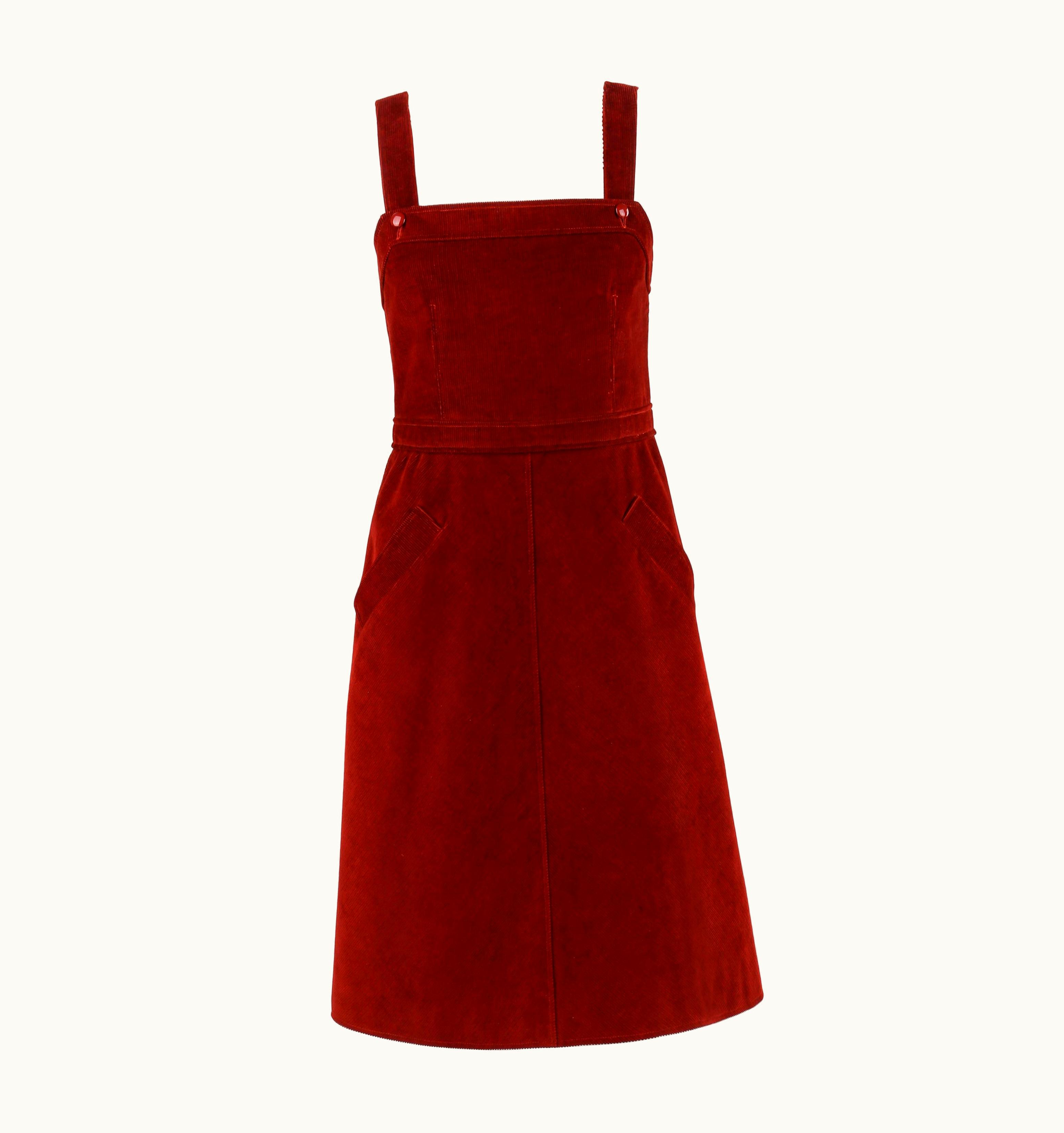 Courrèges Courrèges C.1970' Hyperbole Blood Red Corduroy Sleeveless A-Line Jumper Dress