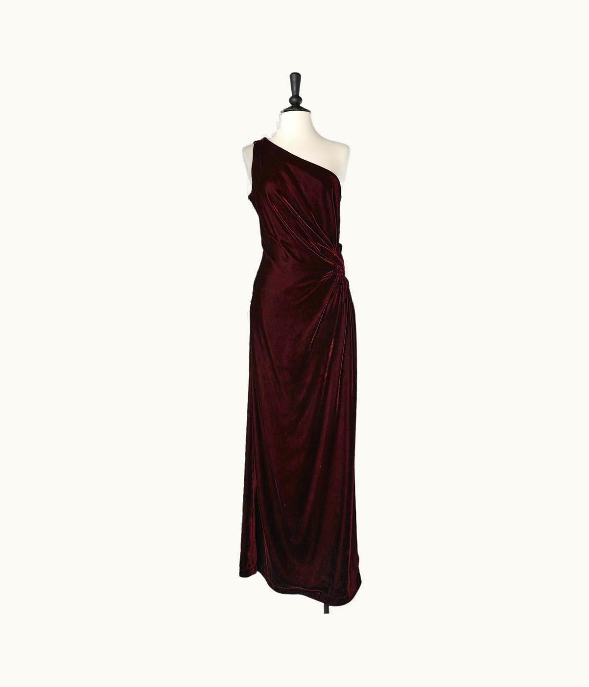 Mugler Burgundy Silk Velvet Asymmetrical Evening Dress Thierry Mugler Circa 1980'