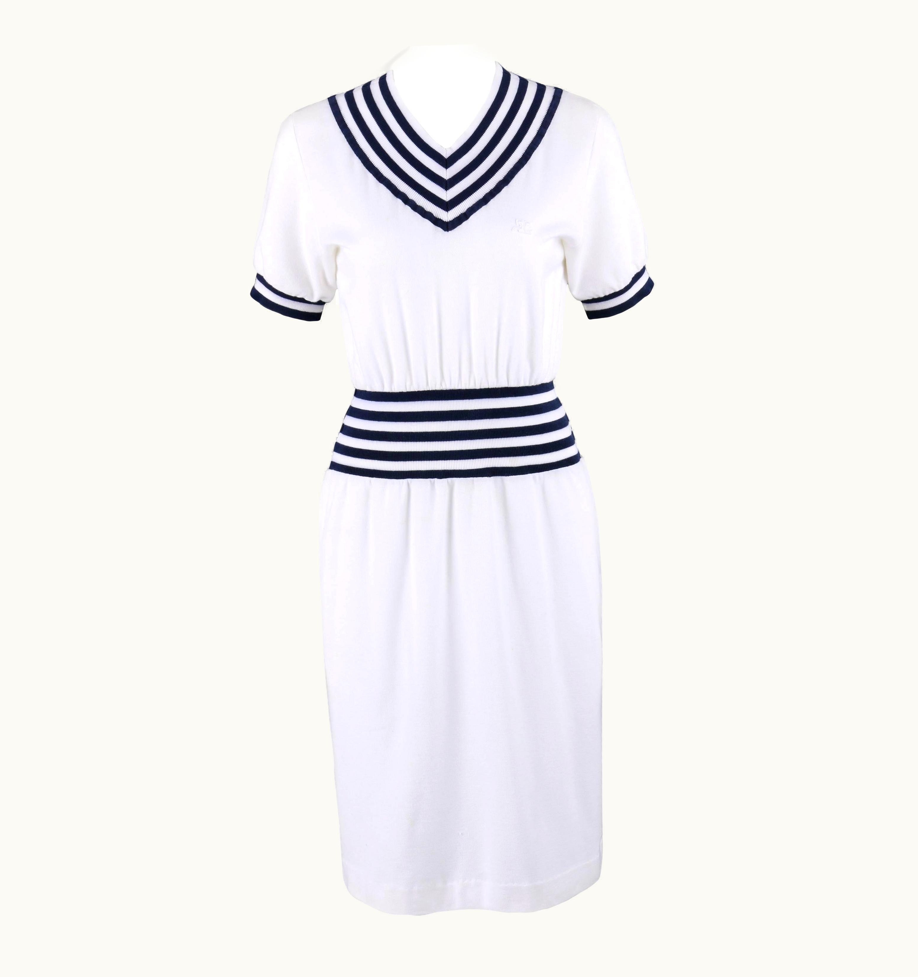 Courrèges Courrèges C.1980' White & Navy Knit V Neck Shift Day Dress