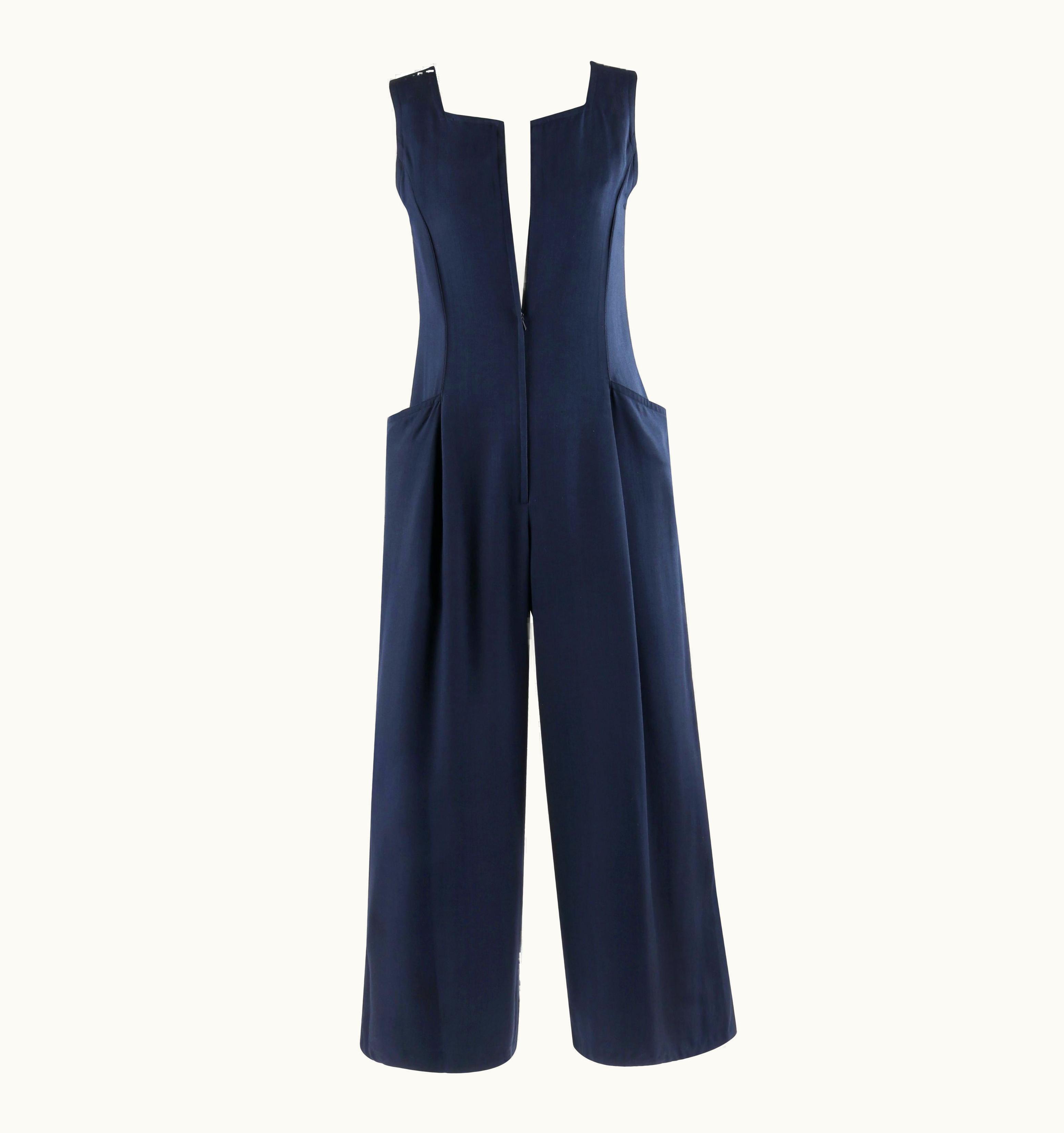 Courrèges Courrèges c.1980' Navy Blue Zip Front Wide Leg Sleeveless Jumpsuit