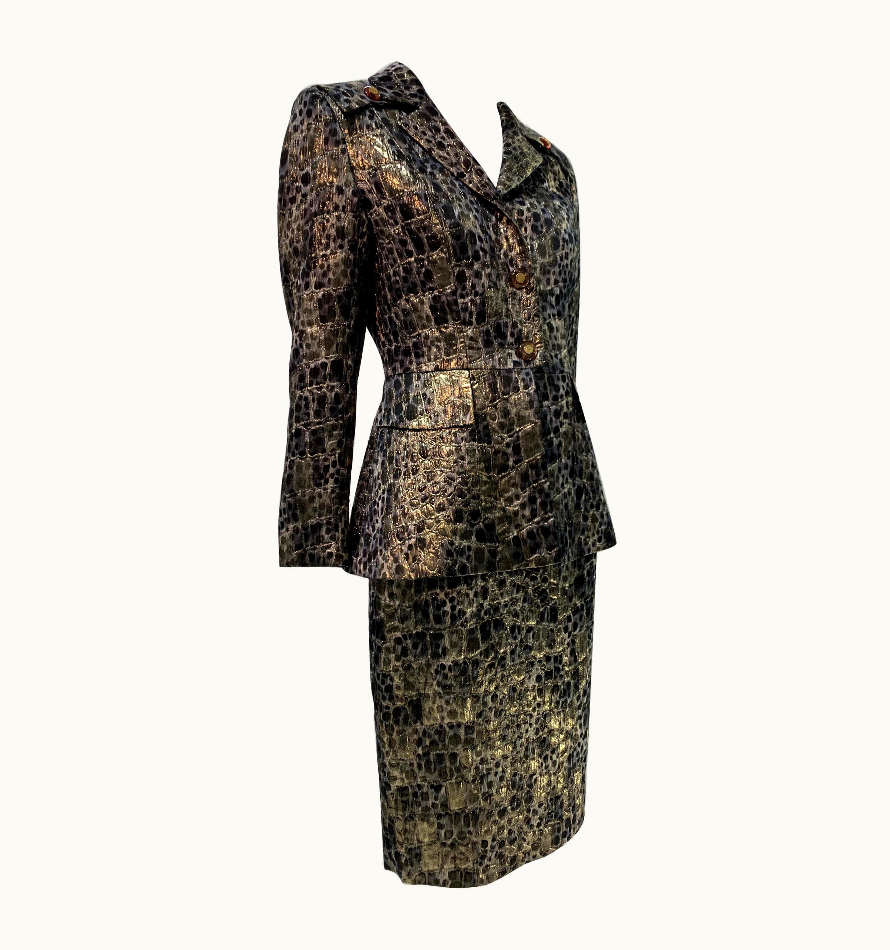 Mugler 1980 Wild Theirry Mugler Metallic Silk Brocade Print Military Style Skirt Suit