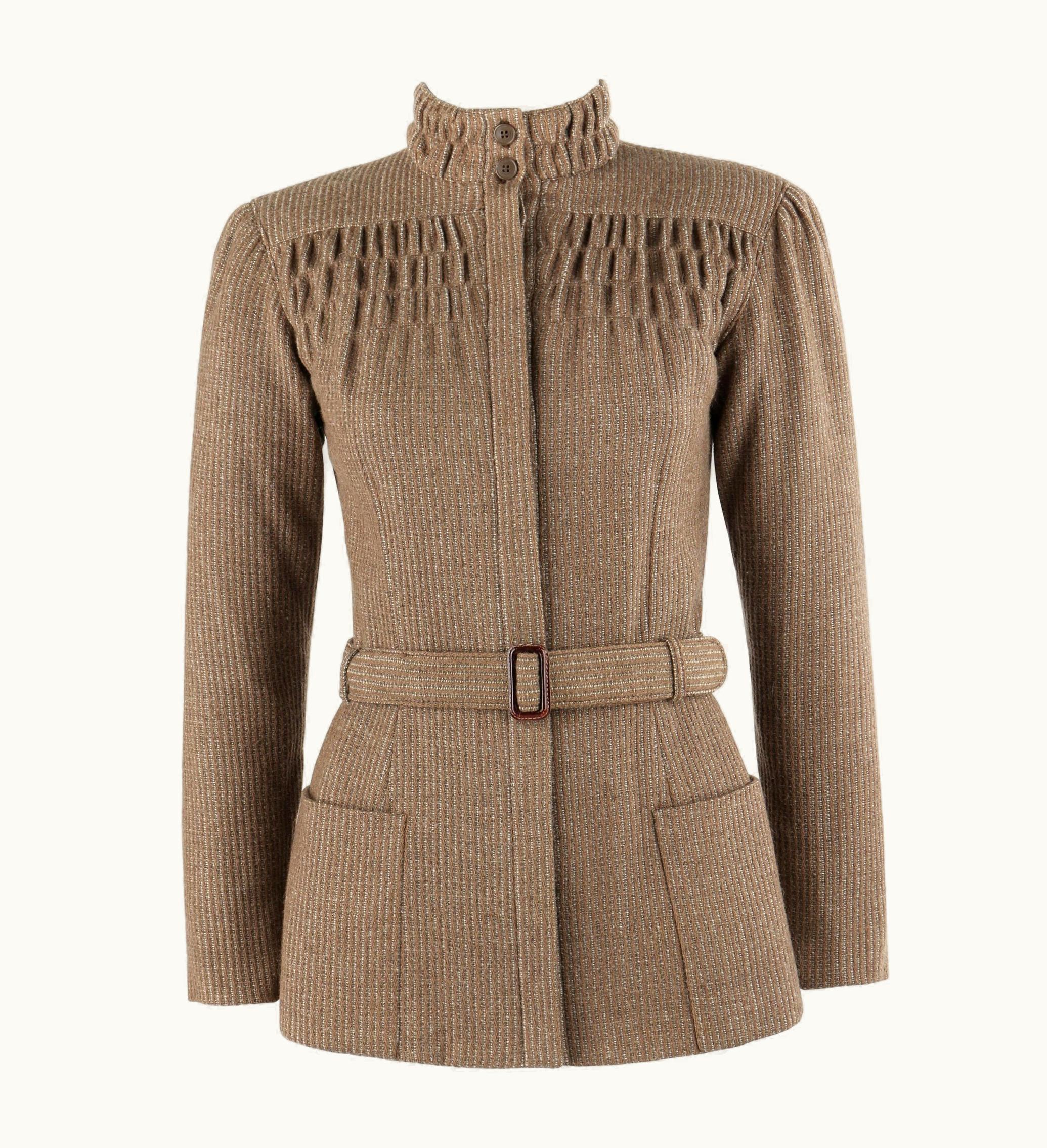 Giorgio Armani Giorgio Armani c.1980' Light Brown Tweed Belted Ruched High Neck Jacket
