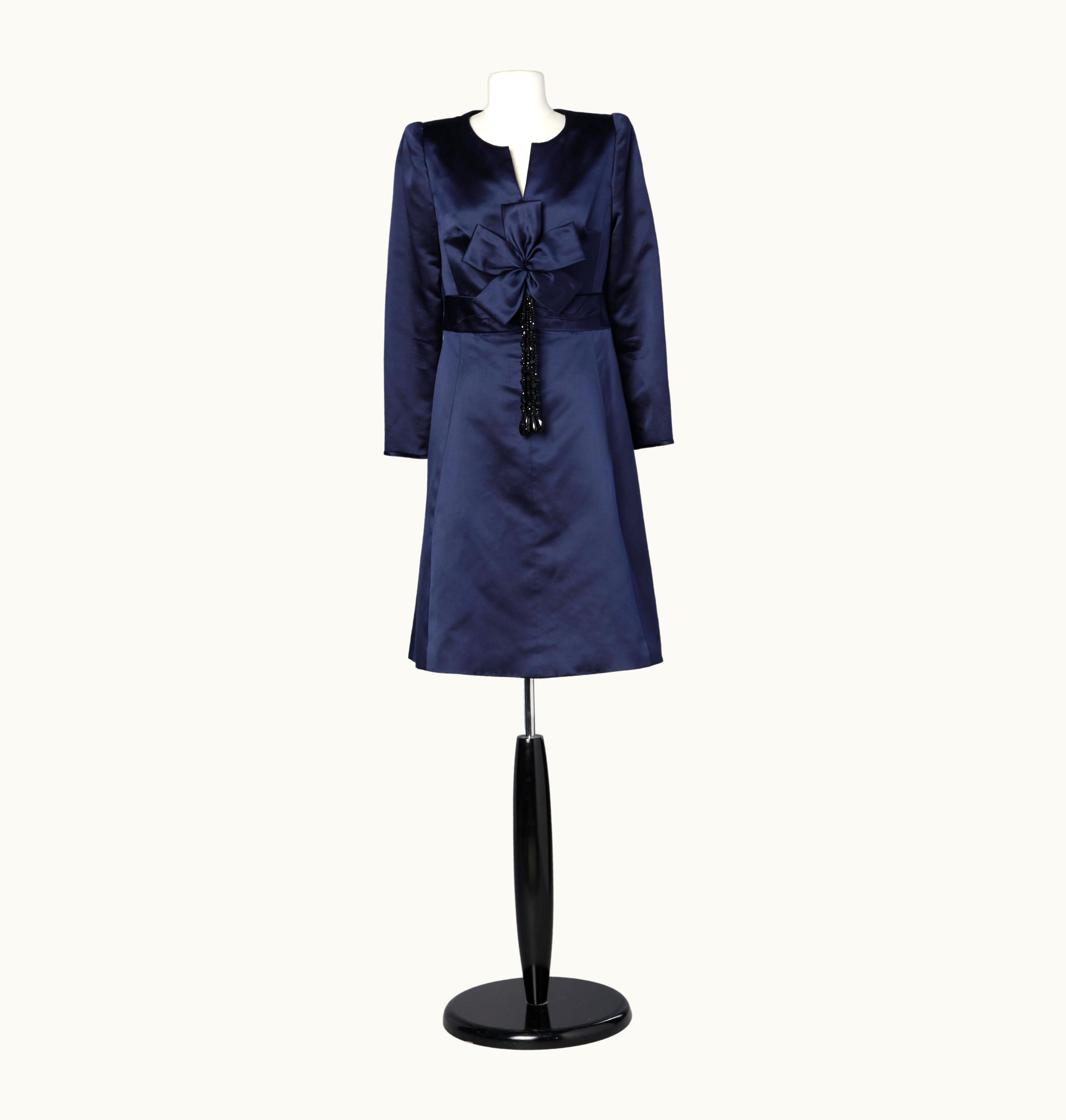 Valentino 1980' Navy Blue Satin Dress With Bow And Black Beads Fringes Valentino Couture