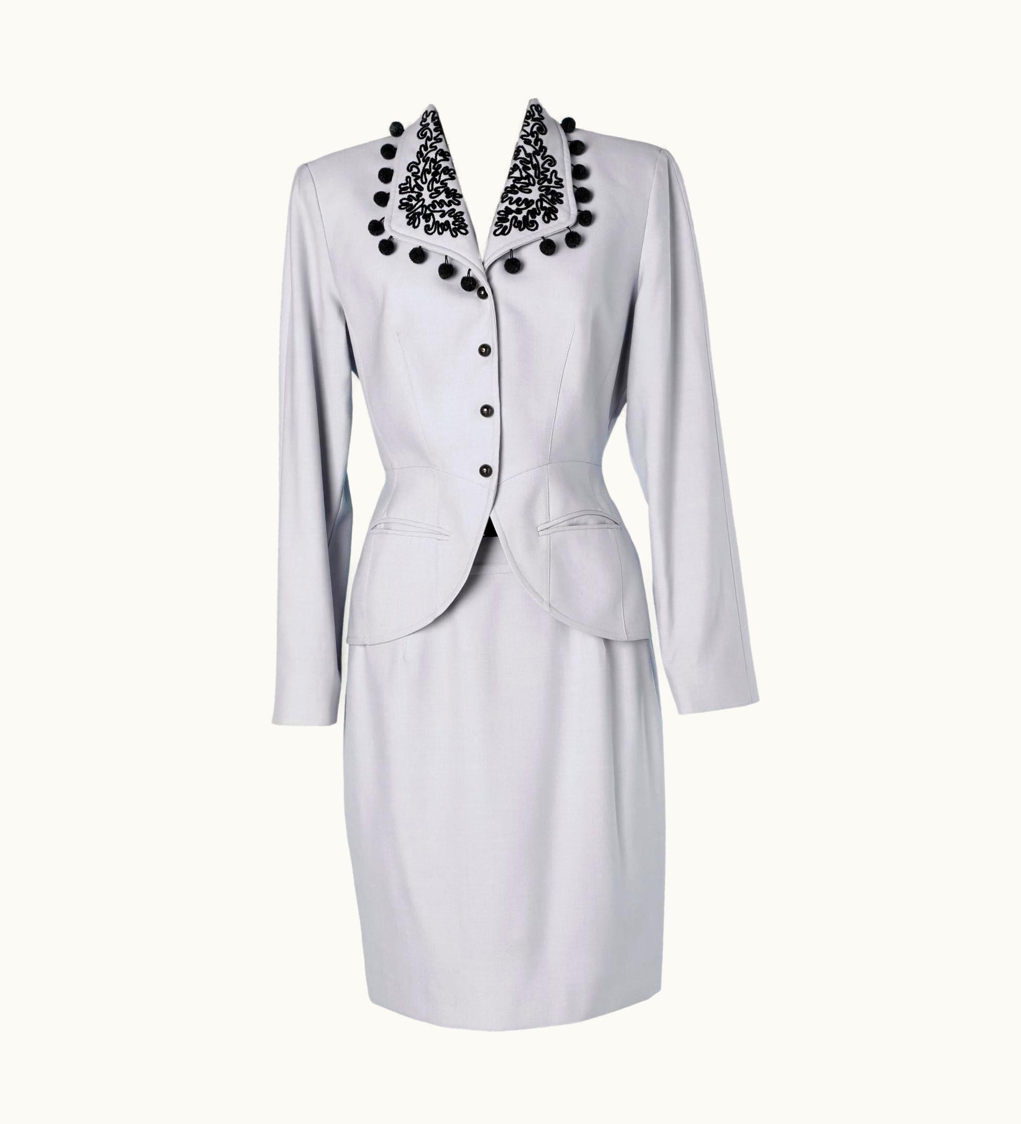 Mugler Wool Sky Blue Skirt Suit With Black Passementerie On The Collar Mugler 1980