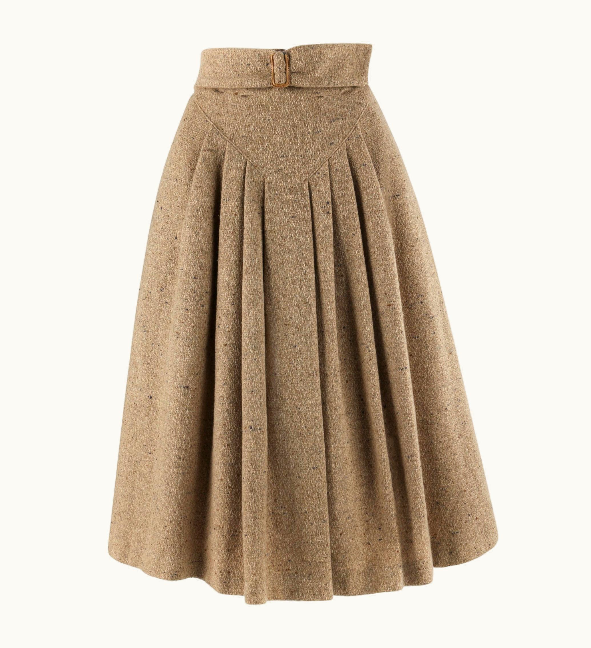 Giorgio Armani Giorgio Armani c.1980' Brown Tweed Wool Pleated Wrap Buckle A-Line Skirt