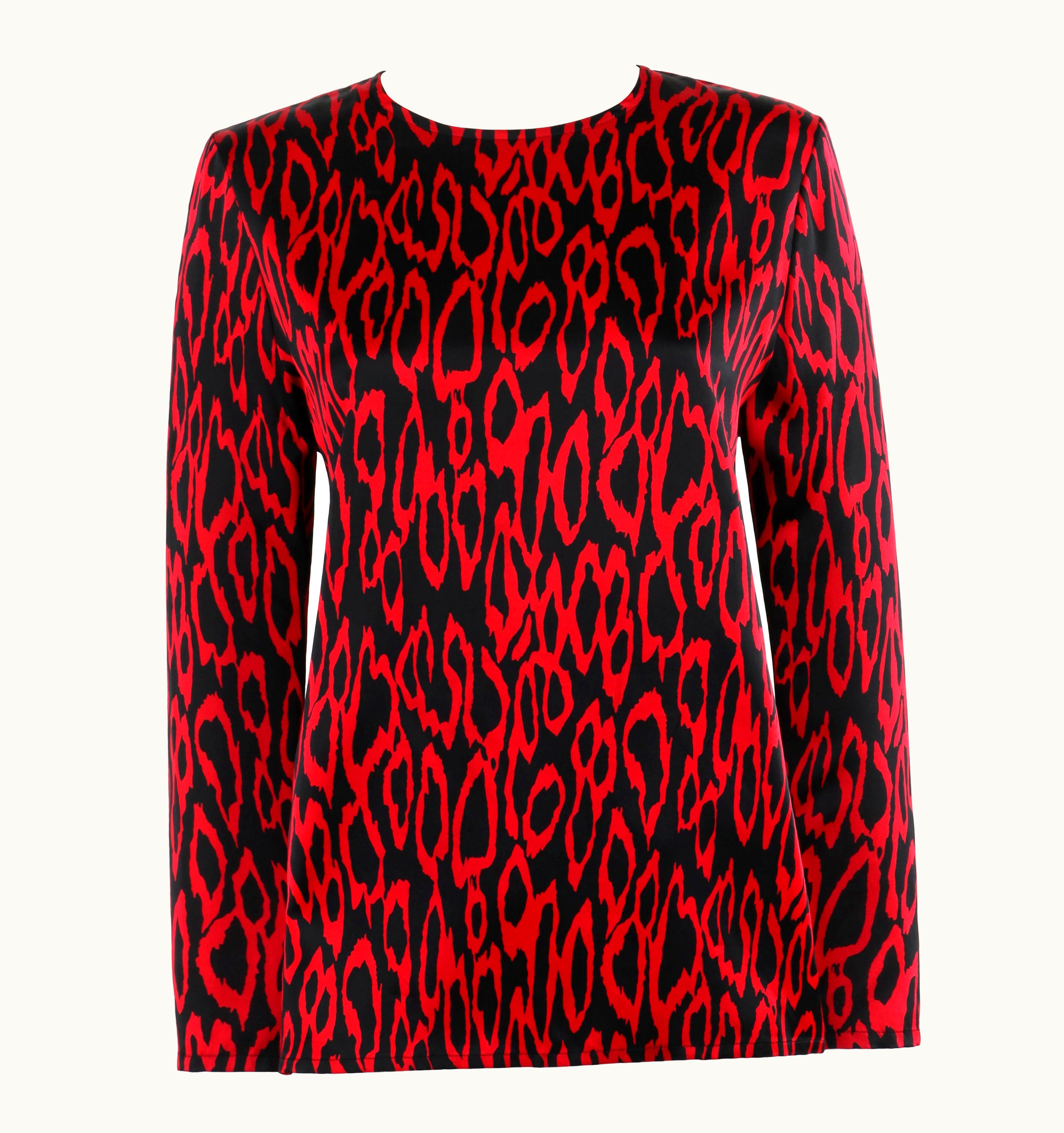 Givenchy Givenchy Boutiques C.1980' Red Black Abstract Print Silk Long Sleeve Blouse Top