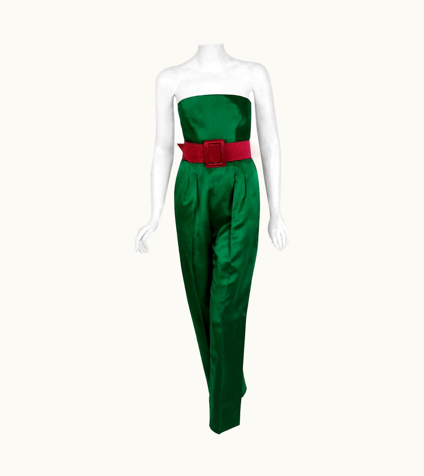 Givenchy Vintage 1991 Givenchy Haute Couture Green Pink Satin Strapless Jumpsuit & Jacket