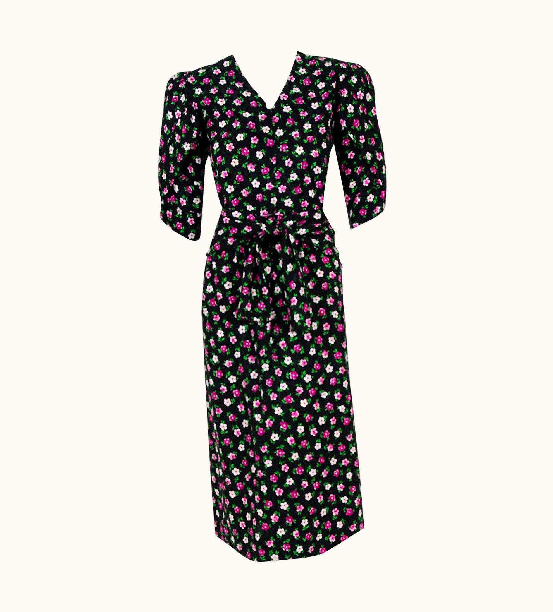 Givenchy Vintage 1984 Givenchy Demi-Couture Floral Print Silk Petal Sleeve Blouse & Skirt