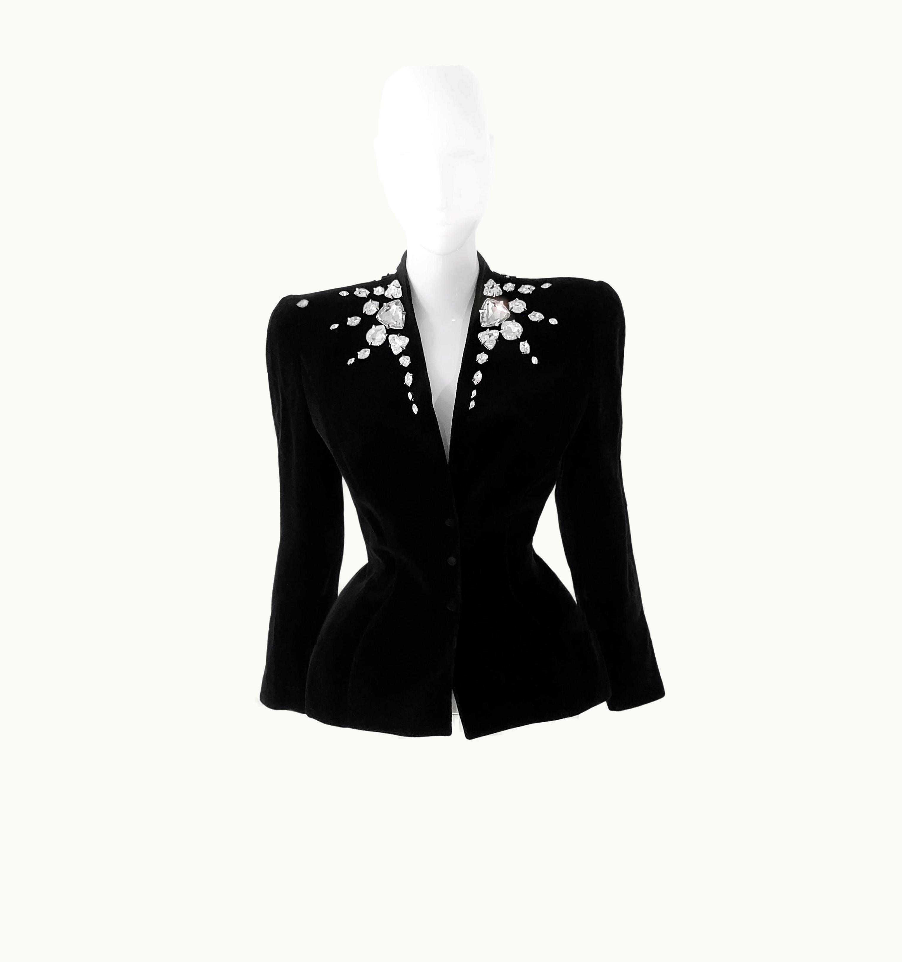 Mugler Thierry Mugler Glam Jacket Crystal Black Velvet Rhinestone AW 1985