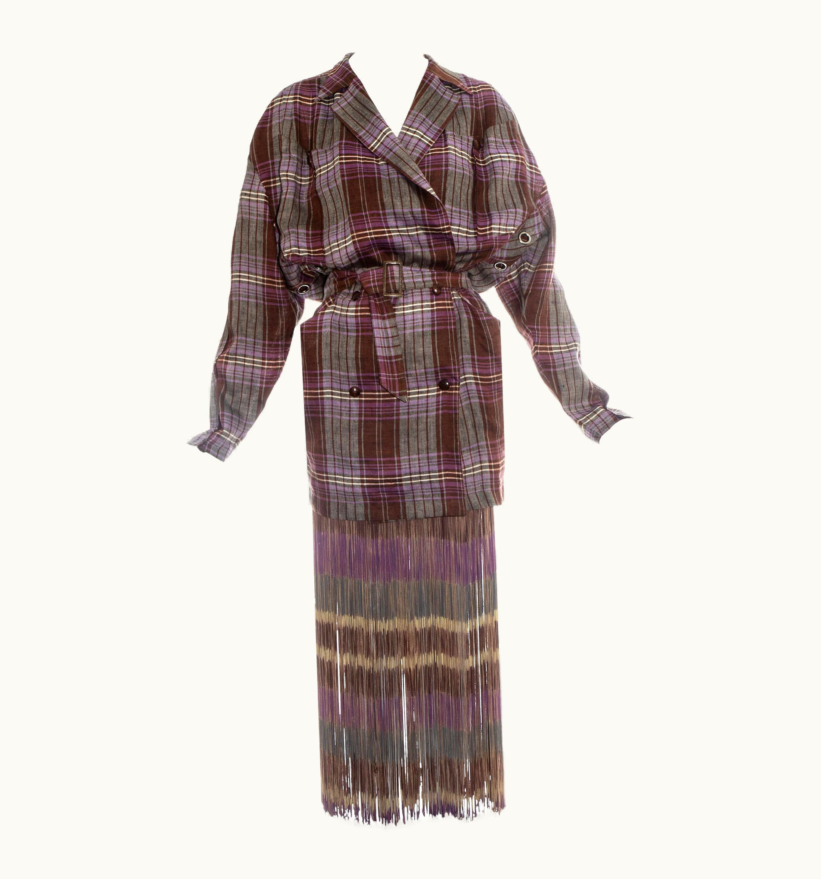 Mugler Thierry Mugler Checked Purple Linen Fringed Skirt Suit, S/S 1985